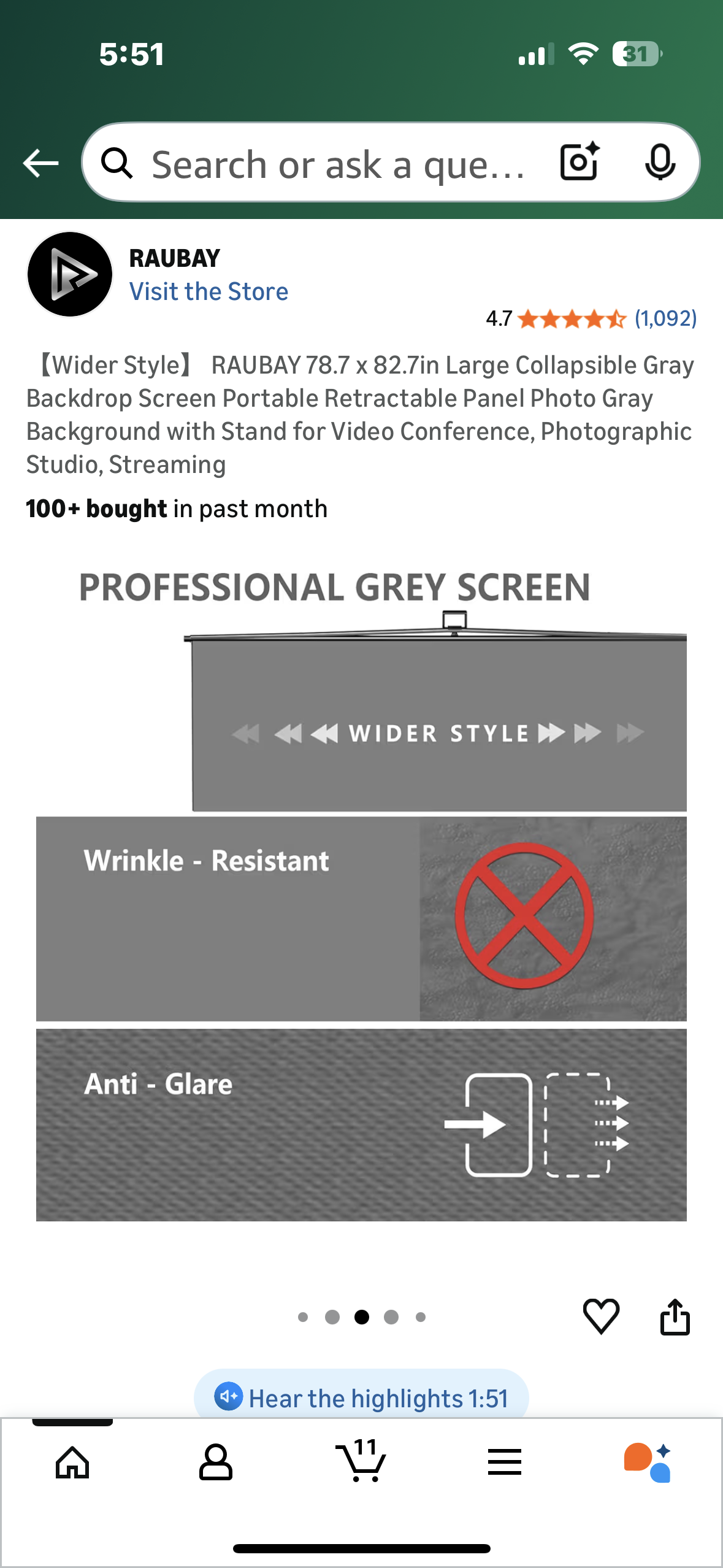 RAUBAY 78.7 x 82.7in Wider Style Large Collapsible Gray Backdrop Screen, Portable Retractable Panel, Photo Gray Background with Stand for Video Conference, Photographic Studio, Streaming (O458)