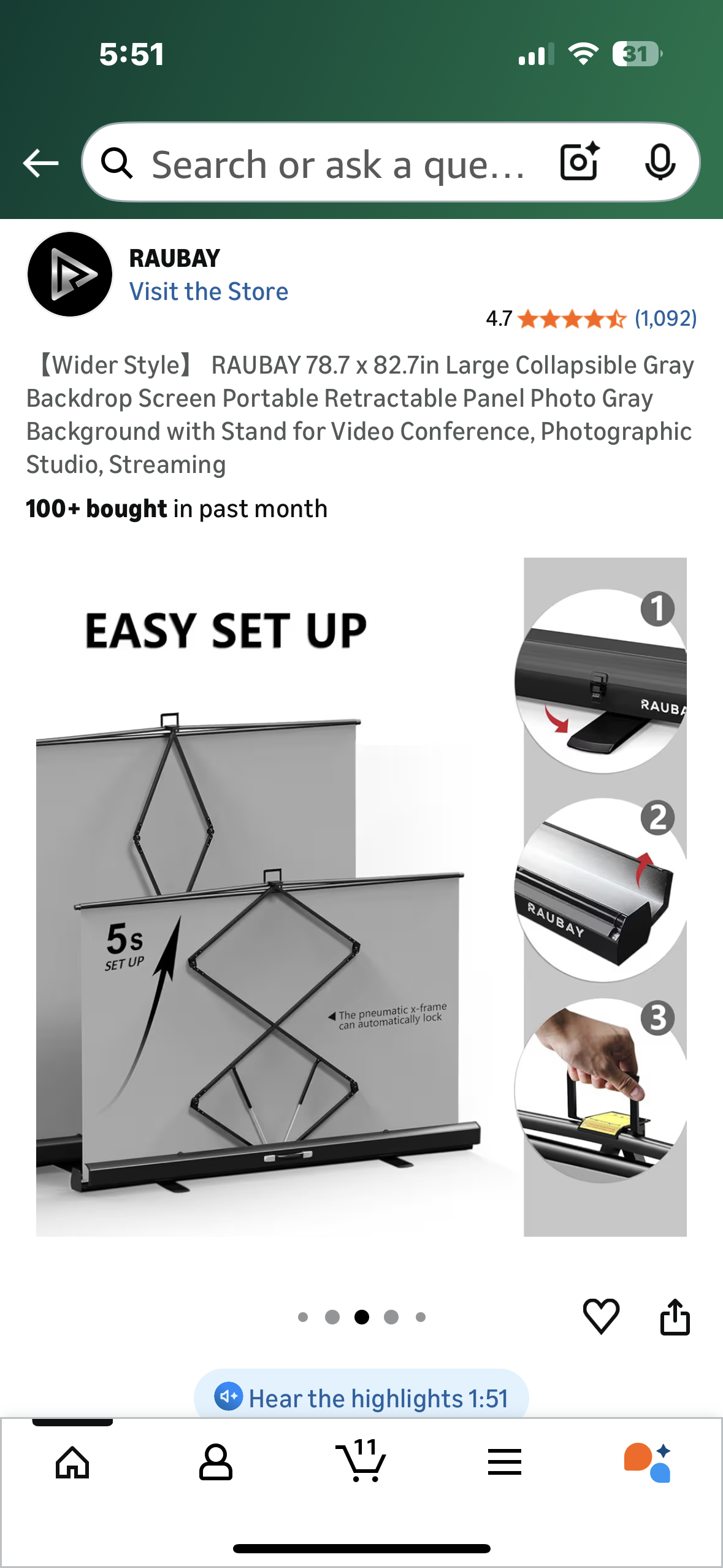 RAUBAY 78.7 x 82.7in Wider Style Large Collapsible Gray Backdrop Screen, Portable Retractable Panel, Photo Gray Background with Stand for Video Conference, Photographic Studio, Streaming (O458)