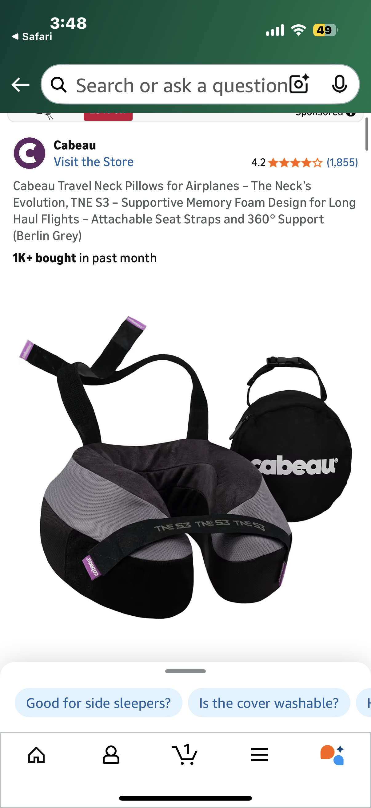 Cabeau Evolution S3 Travel Neck Pillow Memory Foam Neck Support, Adjustable Clasp, and Seat Strap Attachment - Comfort On-The-Go with Carrying Case for Airplane, Train, and Car (Galaxy)