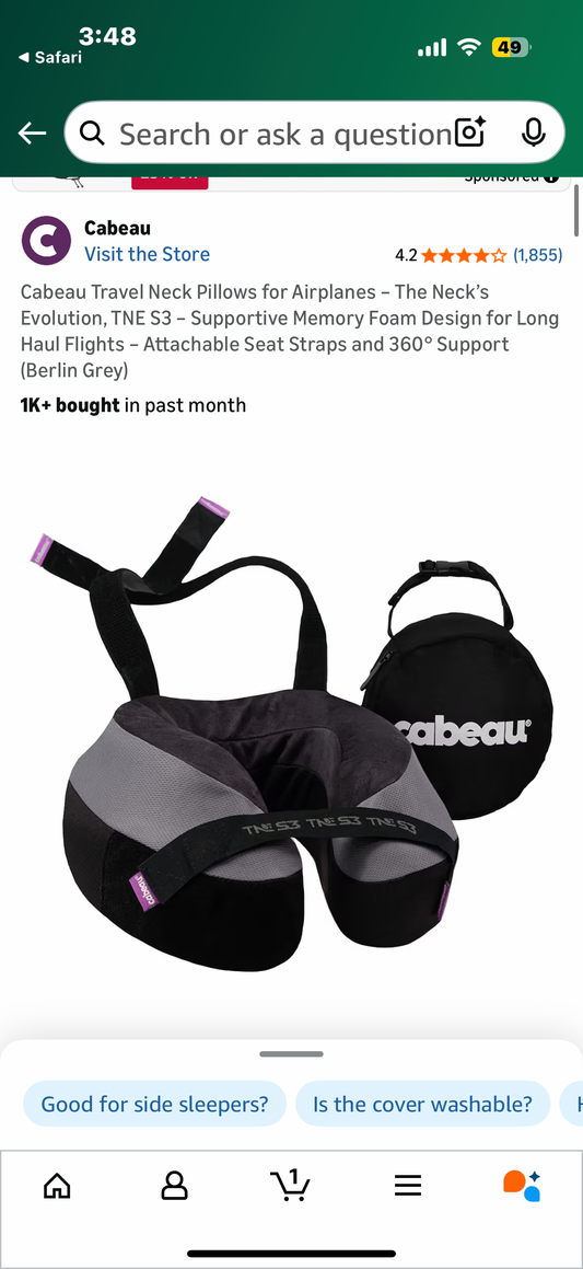 Cabeau Evolution S3 Travel Neck Pillow Memory Foam Neck Support, Adjustable Clasp, and Seat Strap Attachment - Comfort On-The-Go with Carrying Case for Airplane, Train, and Car (Galaxy)