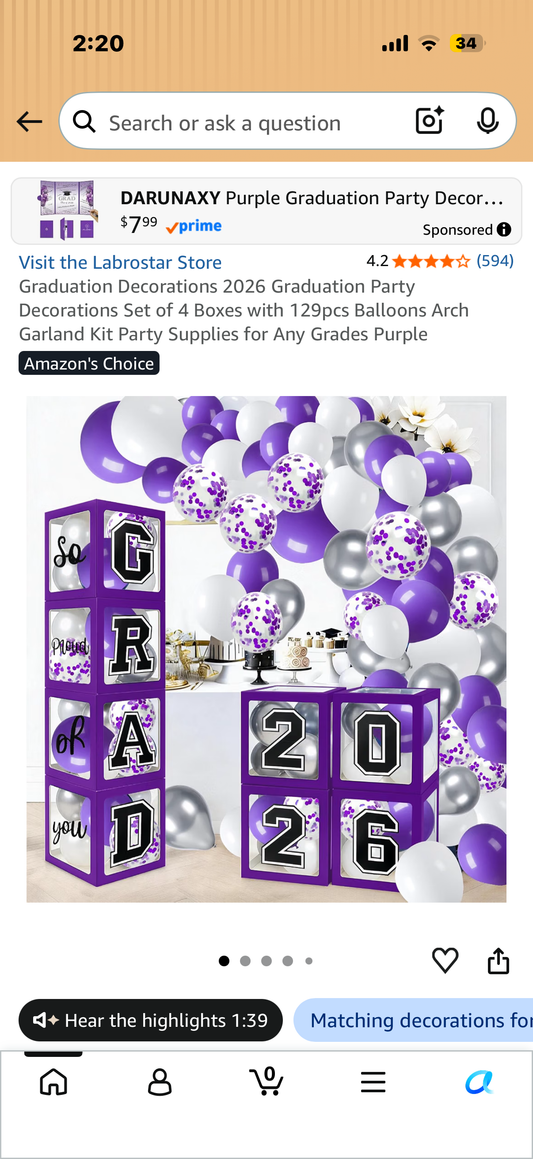 Graduation Decorations 2026 Graduation Party Decorations Set of 4 Boxes with 129pcs Balloons Arch Garland Kit Party Supplies for Any Grades Purple