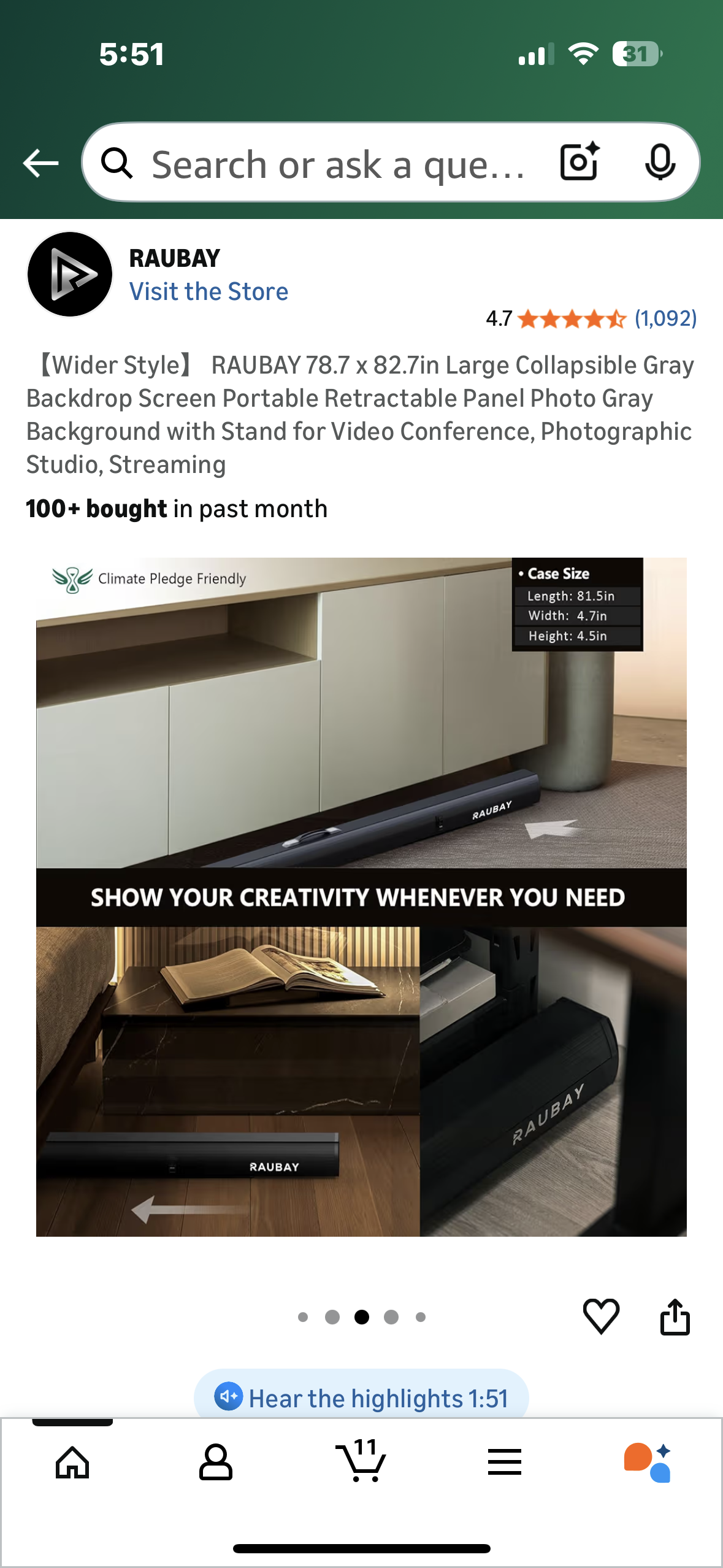 RAUBAY 78.7 x 82.7in Wider Style Large Collapsible Gray Backdrop Screen, Portable Retractable Panel, Photo Gray Background with Stand for Video Conference, Photographic Studio, Streaming (O458)