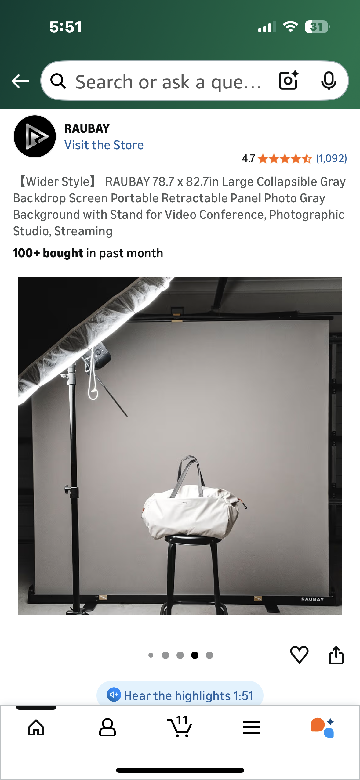 RAUBAY 78.7 x 82.7in Wider Style Large Collapsible Gray Backdrop Screen, Portable Retractable Panel, Photo Gray Background with Stand for Video Conference, Photographic Studio, Streaming (O458)