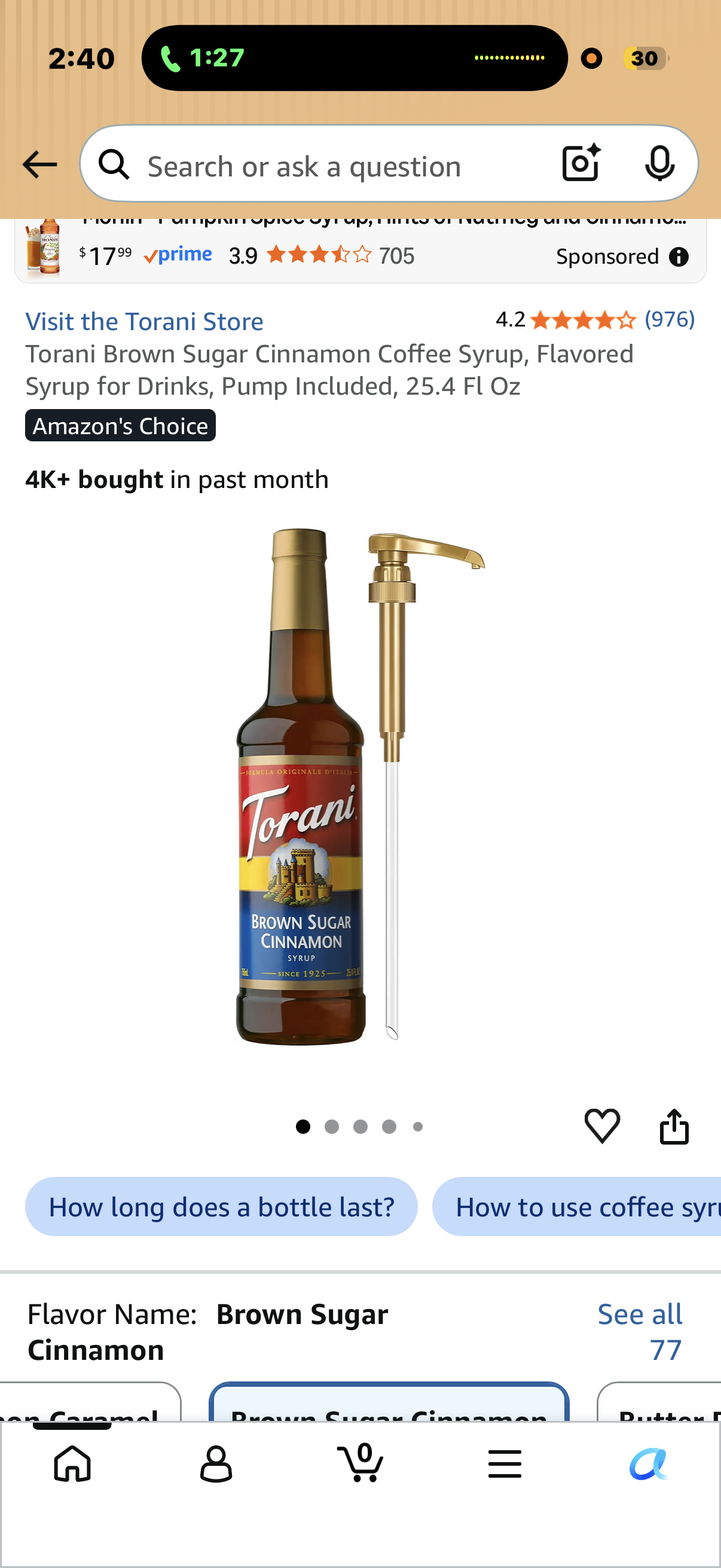 Torani Brown Sugar Cinnamon Coffee Syrup, Flavored Syrup for Drinks, Pump Included, 25.4 Fl Oz