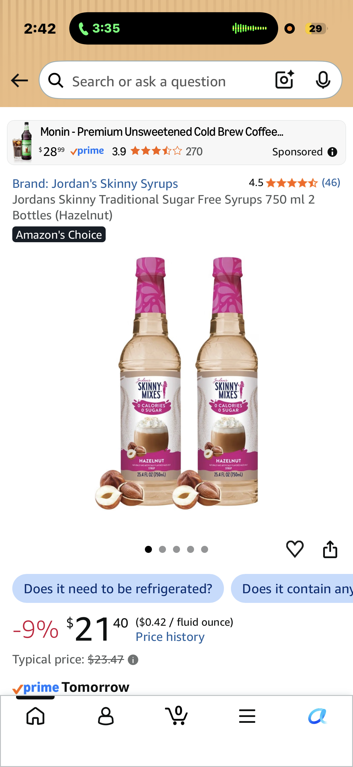 Jordans Skinny Traditional Sugar Free Syrups 750 ml 2 Bottles (Hazelnut)