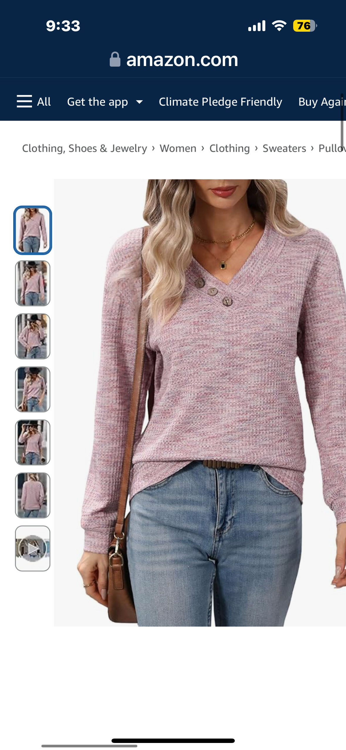 Womens Waffle Knit Pullovers V Neck Elegant Blouse Oversized Solid Casual Button Sweater Pink M