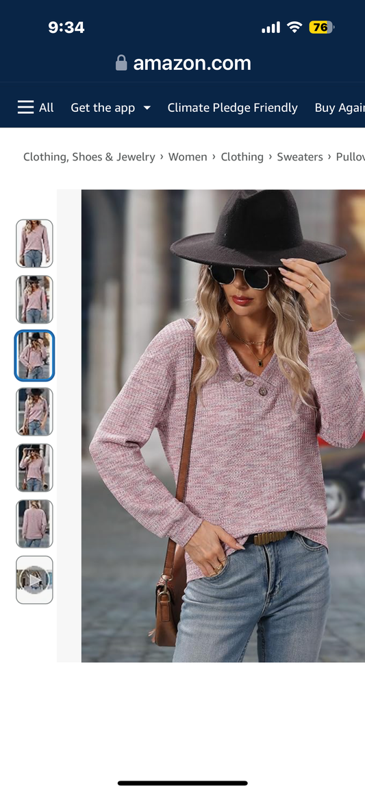 Womens Waffle Knit Pullovers V Neck Elegant Blouse Oversized Solid Casual Button Sweater Pink M
