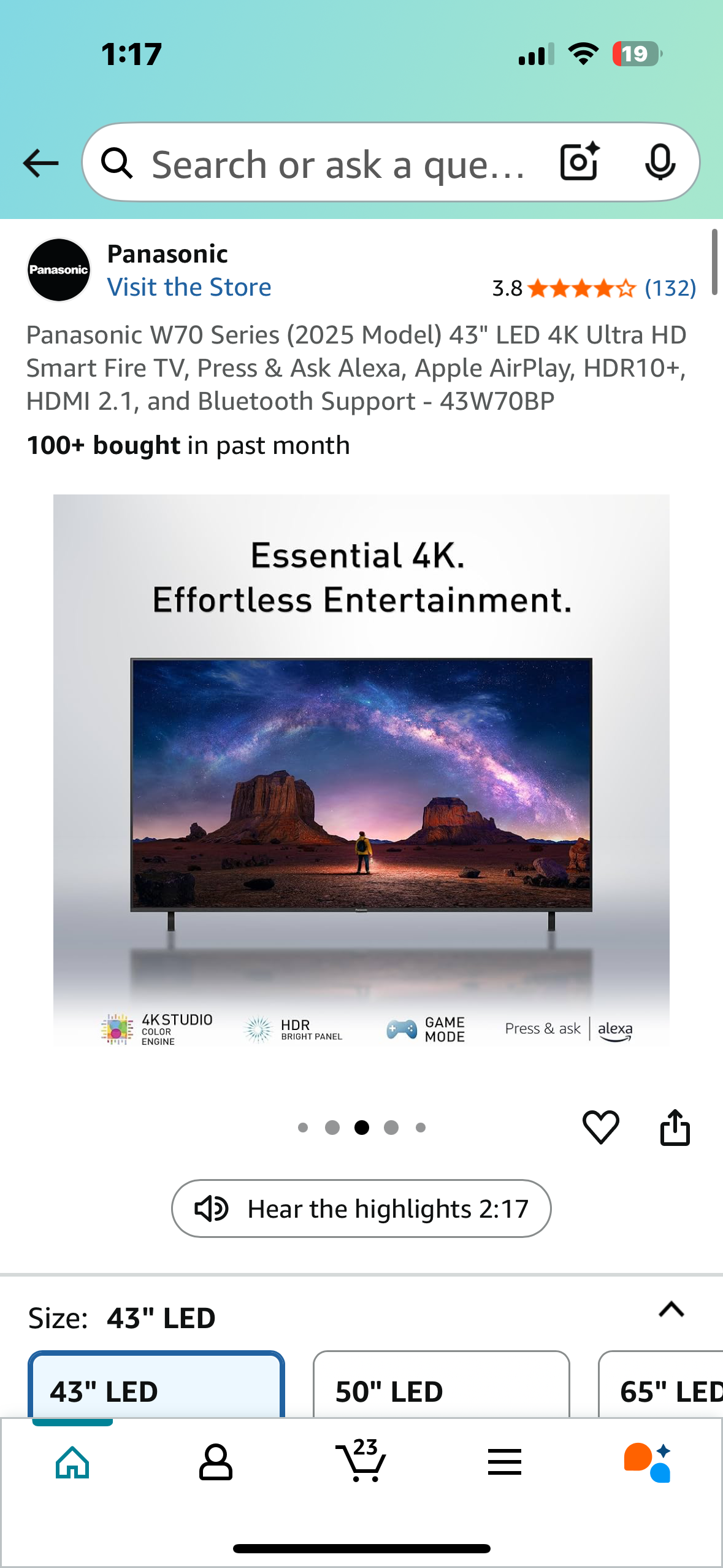 Panasonic W70 Series 43" LED 4K Ultra HD Smart Fire TV, Press & Ask Alexa, Apple AirPlay, HDR10+, HDMI 2.1, and Bluetooth Support - 43W70BP (R643)
