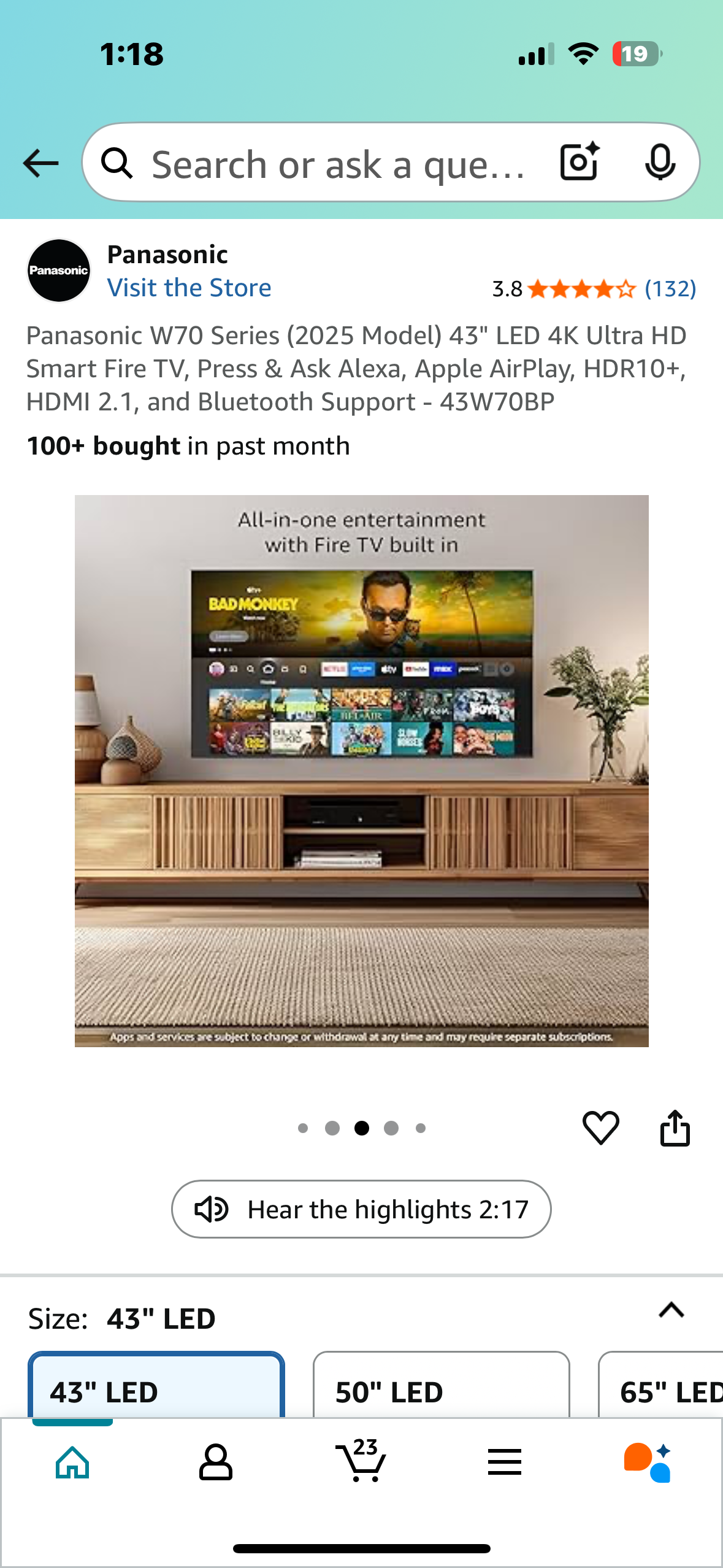 Panasonic W70 Series 43" LED 4K Ultra HD Smart Fire TV, Press & Ask Alexa, Apple AirPlay, HDR10+, HDMI 2.1, and Bluetooth Support - 43W70BP (R643)