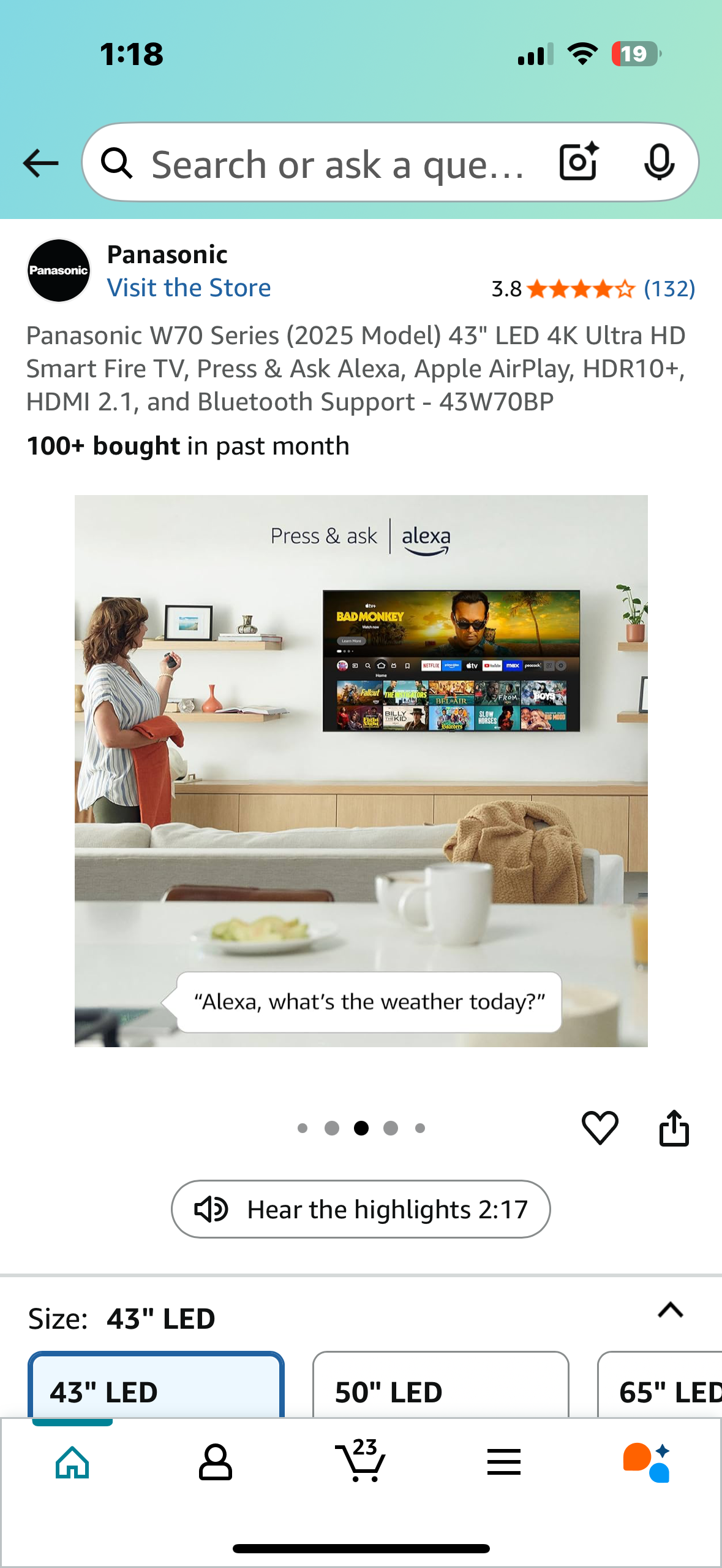 Panasonic W70 Series 43" LED 4K Ultra HD Smart Fire TV, Press & Ask Alexa, Apple AirPlay, HDR10+, HDMI 2.1, and Bluetooth Support - 43W70BP (R643)