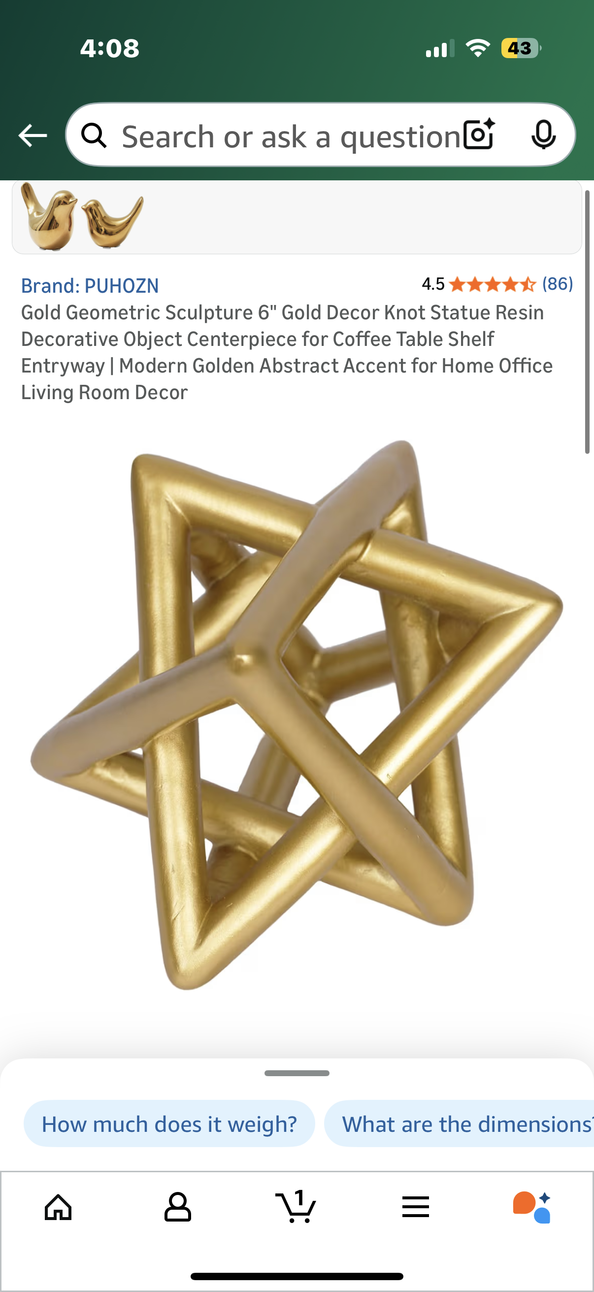 Gold Geometric Sculpture 6" Gold Decor Knot Statue Resin Decorative Object Centerpiece for Coffee Table Shelf Entryway | Modern Golden Abstract Accent for Home Office Living Room Decor