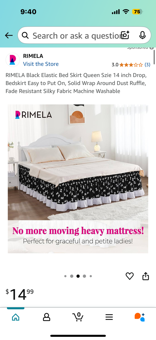 RIMELA Black Elastic Bed Skirt Queen Szie 14 inch Drop, Bedskirt Easy to Put On, Solid Wrap Around Dust Ruffle, Fade Resistant Silky Fabric Machine Washable