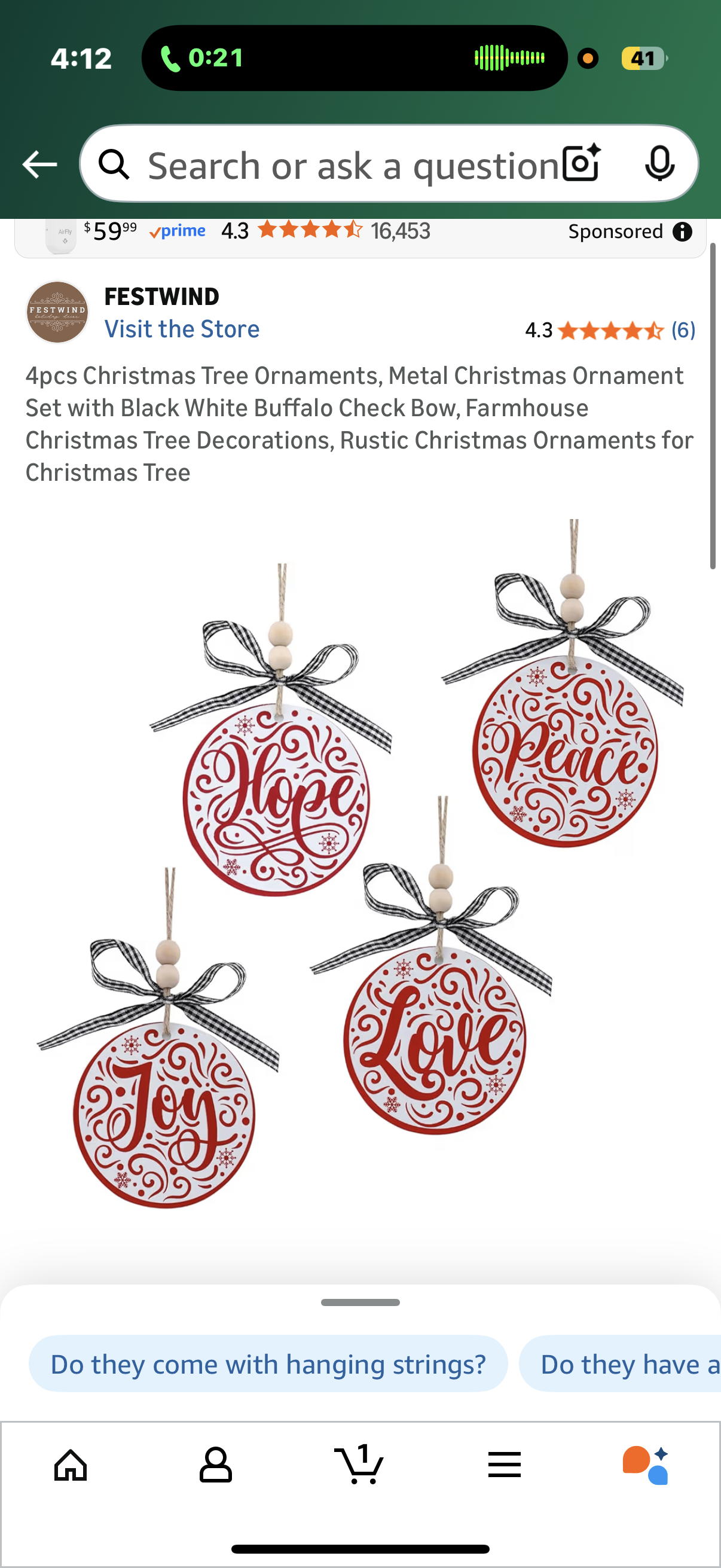 4pcs Christmas Tree Ornaments, Metal Christmas Ornament Set with Black White Buffalo Check Bow, Farmhouse Christmas Tree Decorations, Rustic Christmas Ornaments for Christmas Tree