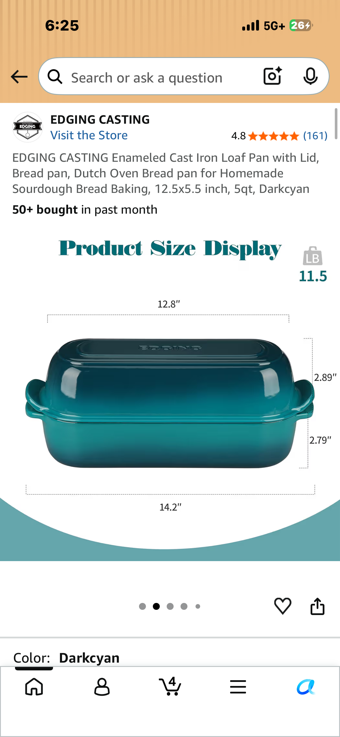 Enameled Cast Iron Loaf Pan with Lid, Bread pan, Dutch Oven Bread pan for Homemade Sourdough Bread Baking, 12.5x5.5 inch, 5qt, Dark Cyan