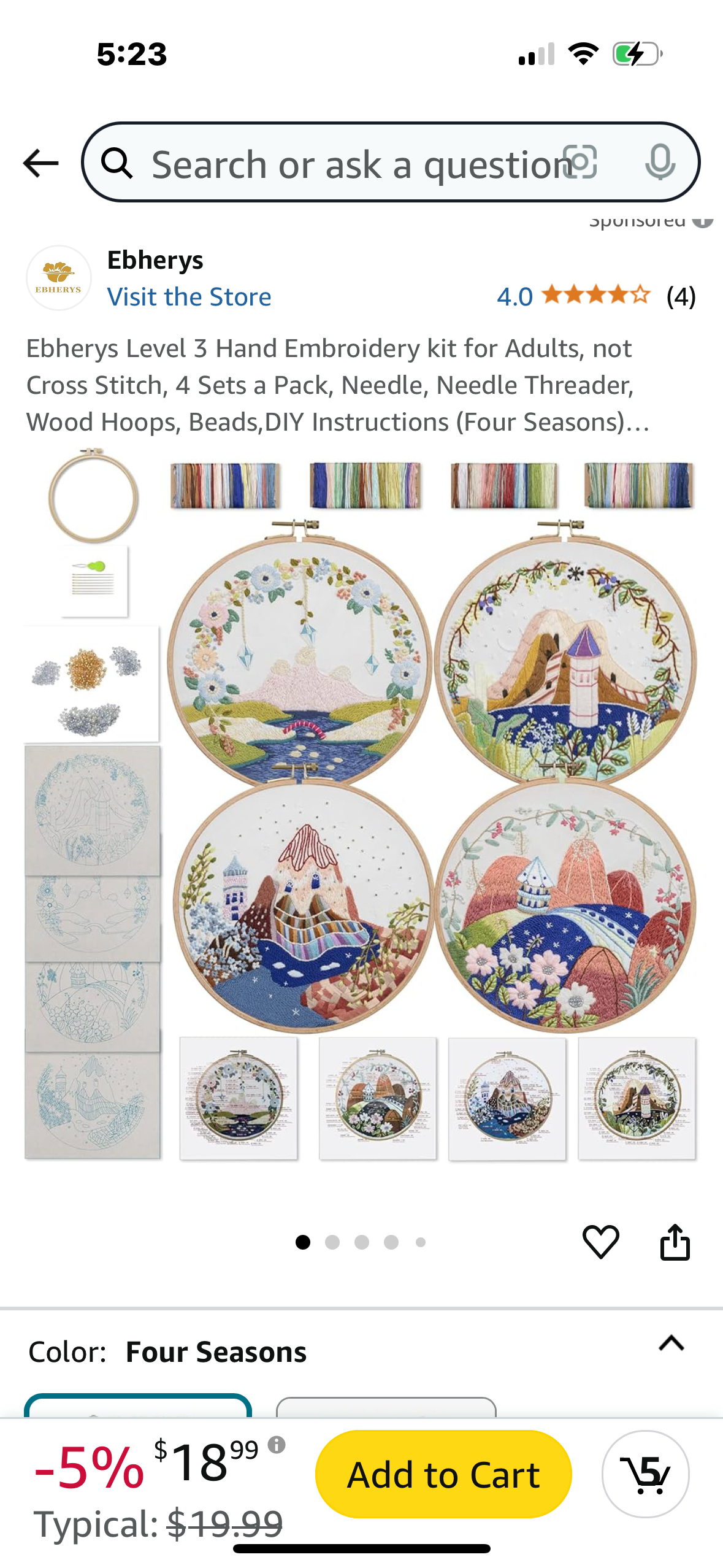 Ebherys Level 3 Hand Embroidery kit for Adults, not Cross Stitch, 4 Sets a Pack, Needle, Needle Threader, Wood Hoops, Beads,DIY Instructions (Four Seasons