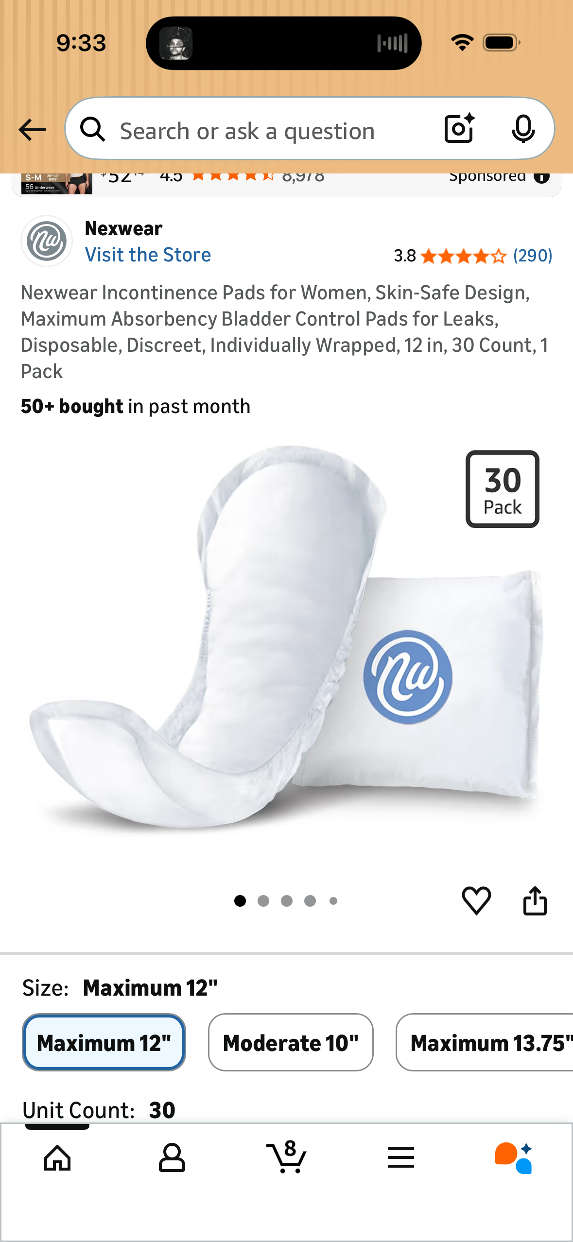 Nexwear Incontinence Pads for Women, Skin-Safe Design, Maximum Absorbency Bladder Control Pads for Leaks, Disposable, Discreet, Individually Wrapped, 12 in, 30 Count, 1 Pack