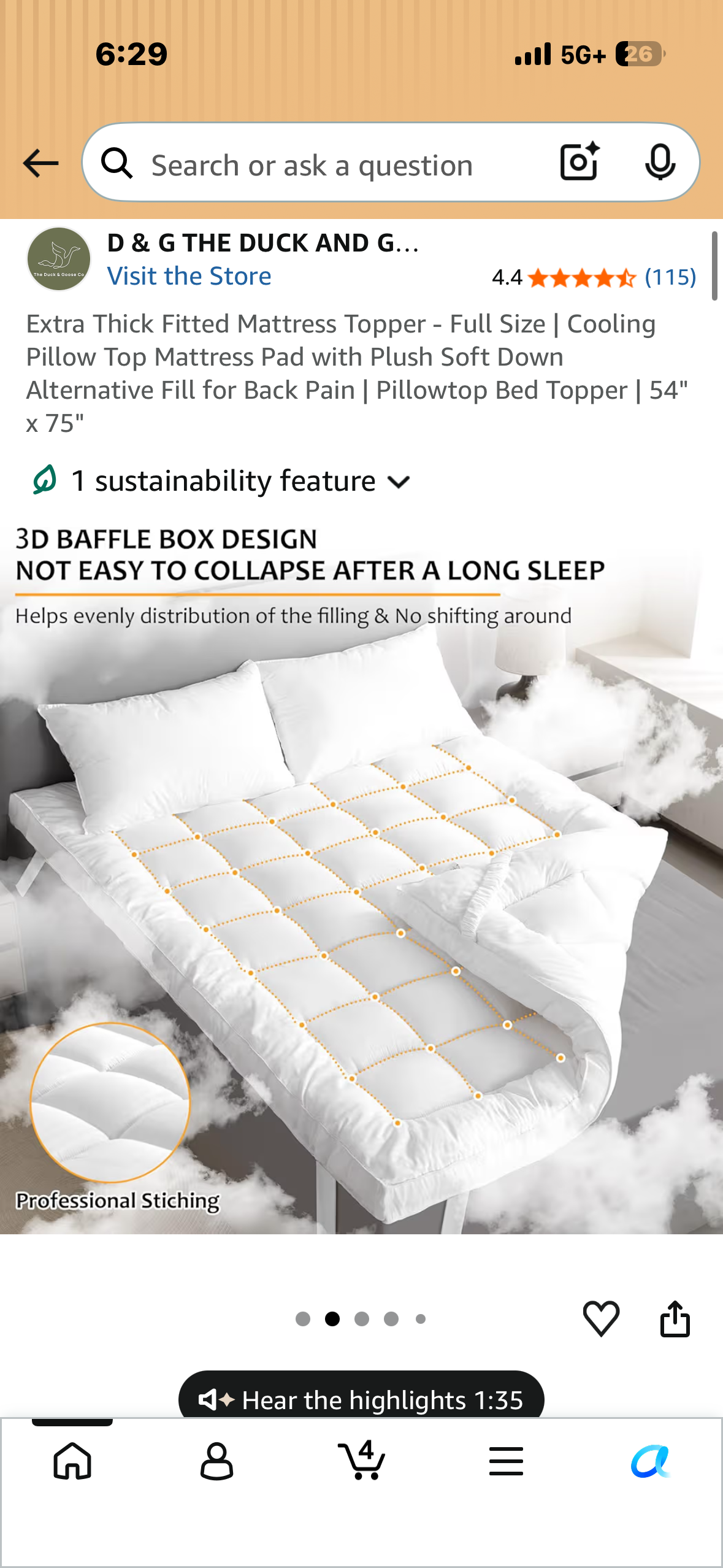 DUCK and GOOSE Co Thick Fitted Mattress Topper - Full Size, Cooling Pillow Top Mattress Pad with Plush Soft Down Alternative Fill for Back Pain | Pillowtop Bed Topper | 54" x 75"