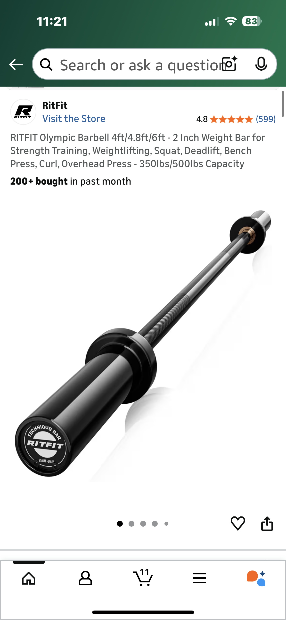 RITFIT Olympic Barbell 4ft- 2 Inch Weight Bar for Strength Training, Weightlifting, Squat, Deadlift, Bench Press, Curl, Overhead Press - 350lbs/500lbs Capacity (W541)