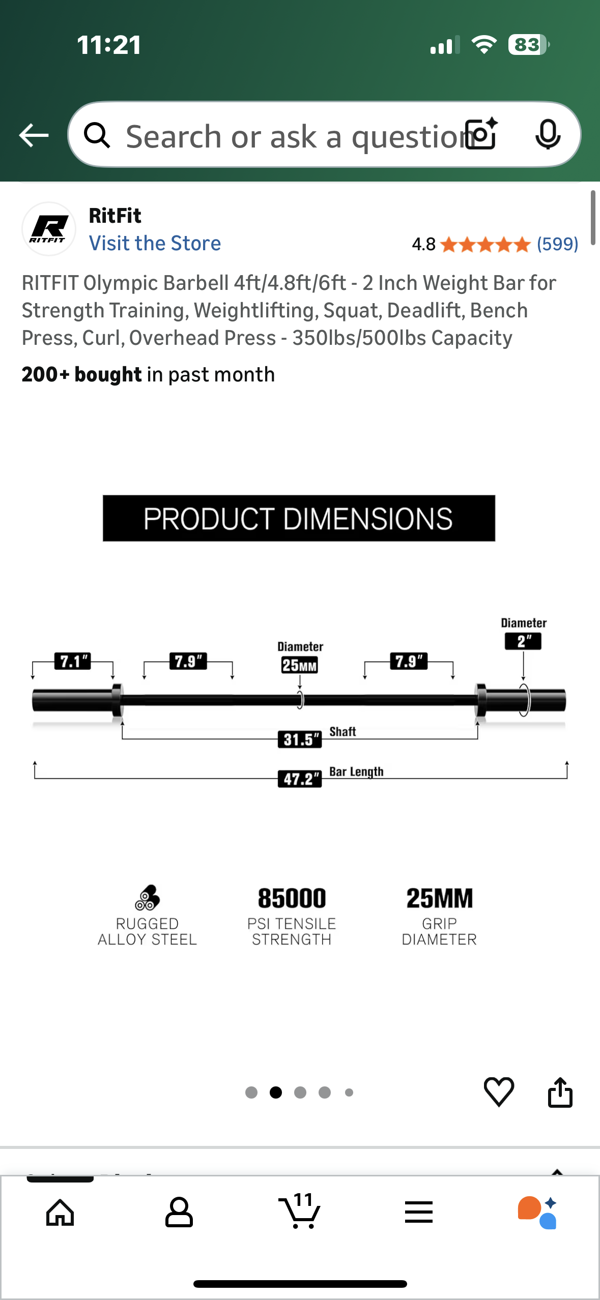 RITFIT Olympic Barbell 4ft- 2 Inch Weight Bar for Strength Training, Weightlifting, Squat, Deadlift, Bench Press, Curl, Overhead Press - 350lbs/500lbs Capacity (W541)