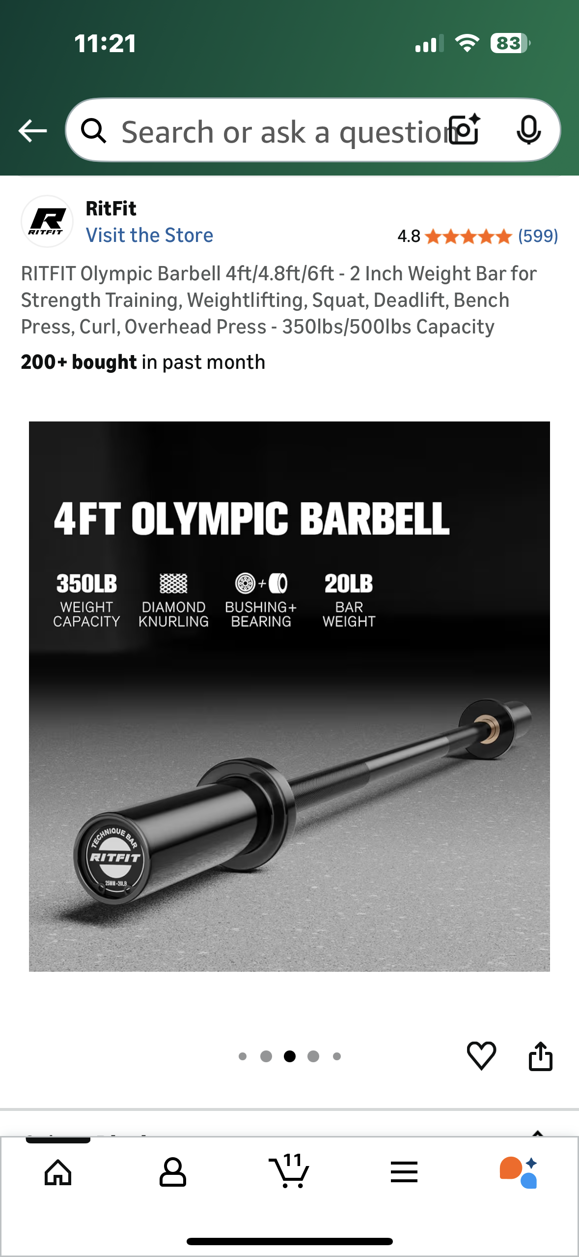 RITFIT Olympic Barbell 4ft- 2 Inch Weight Bar for Strength Training, Weightlifting, Squat, Deadlift, Bench Press, Curl, Overhead Press - 350lbs/500lbs Capacity (W541)