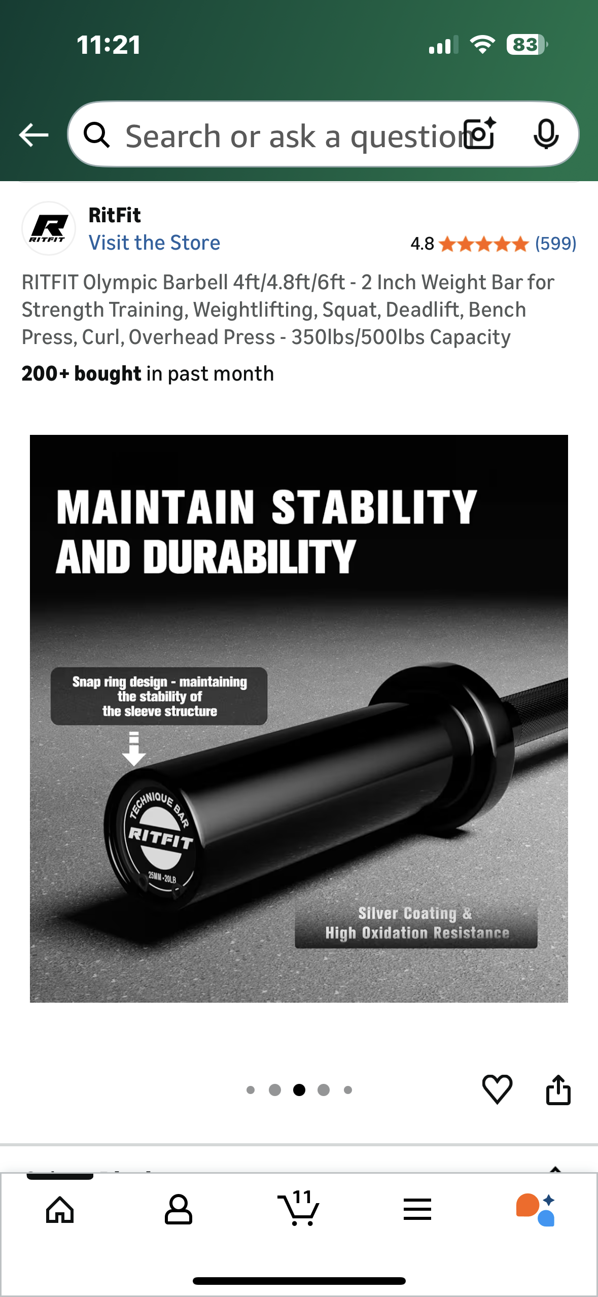 RITFIT Olympic Barbell 4ft- 2 Inch Weight Bar for Strength Training, Weightlifting, Squat, Deadlift, Bench Press, Curl, Overhead Press - 350lbs/500lbs Capacity (W541)