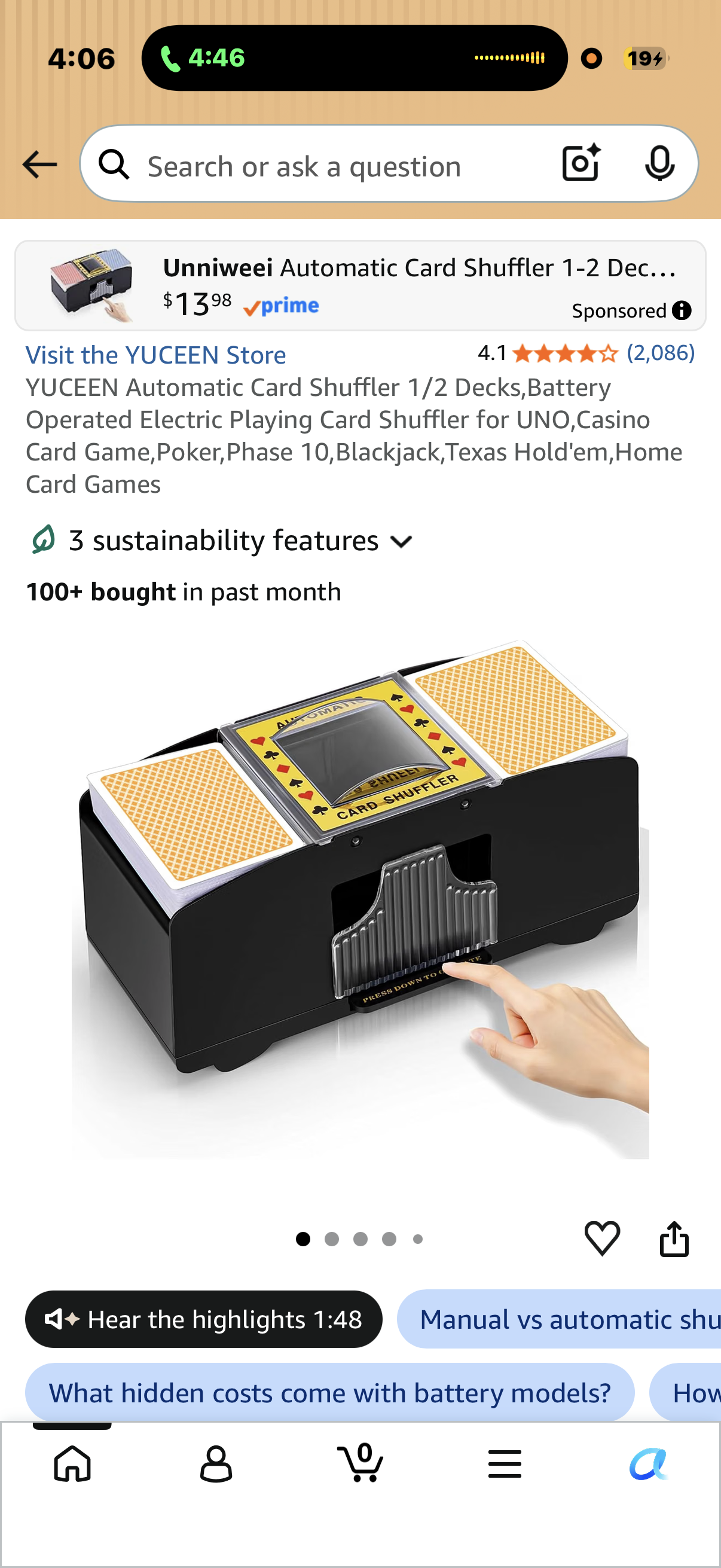 YUCEEN Automatic Card Shuffler 1/2 Decks,Battery Operated Electric Playing Card Shuffler for UNO,Casino Card Game,Poker,Phase 10,Blackjack,Texas Hold'em,Home Card Games