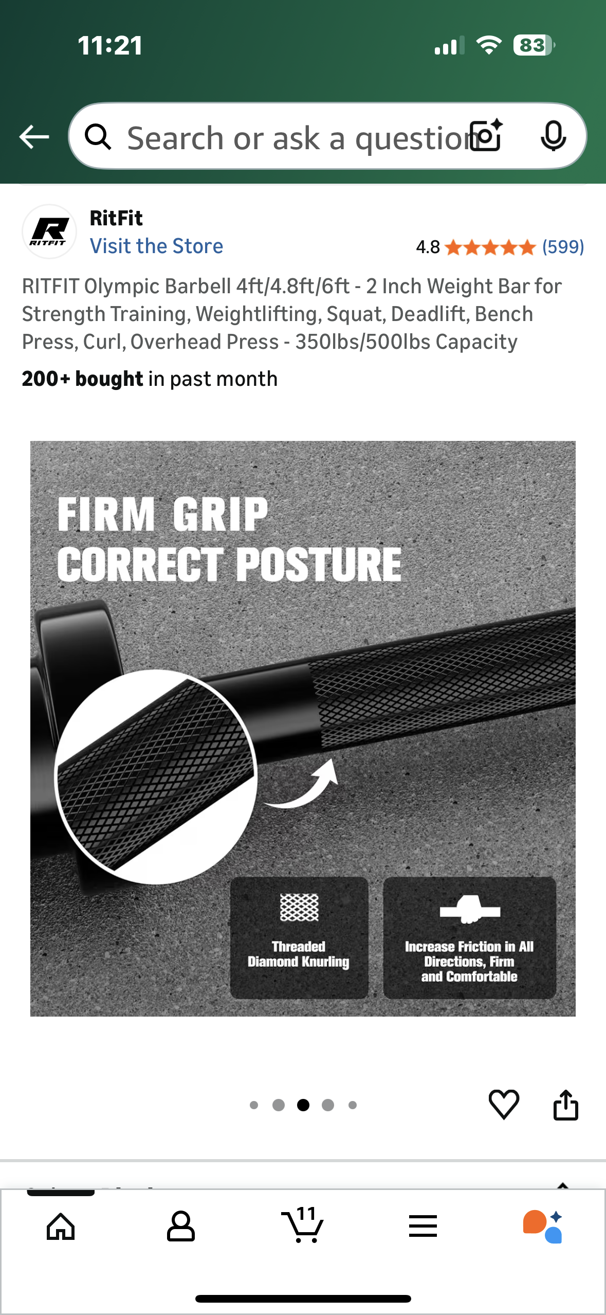 RITFIT Olympic Barbell 4ft- 2 Inch Weight Bar for Strength Training, Weightlifting, Squat, Deadlift, Bench Press, Curl, Overhead Press - 350lbs/500lbs Capacity (W541)