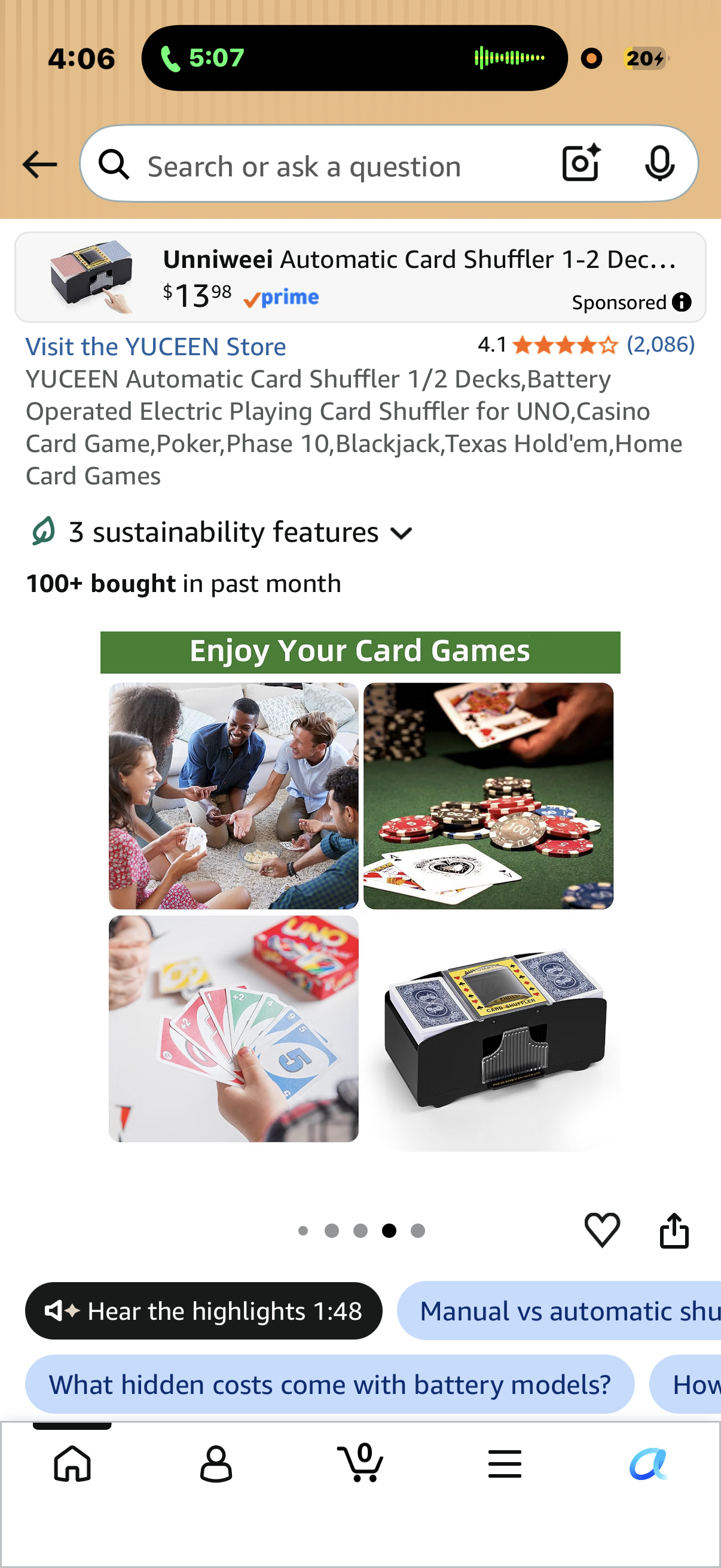YUCEEN Automatic Card Shuffler 1/2 Decks,Battery Operated Electric Playing Card Shuffler for UNO,Casino Card Game,Poker,Phase 10,Blackjack,Texas Hold'em,Home Card Games