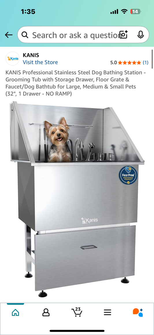 KANIS Professional Stainless Steel Dog Bathing Station - Grooming Tub with Storage Drawer, Floor Grate & Faucet/Dog Bathtub for Large, Medium & Small Pets (32", 1 Drawer - NO RAMP) (R644)