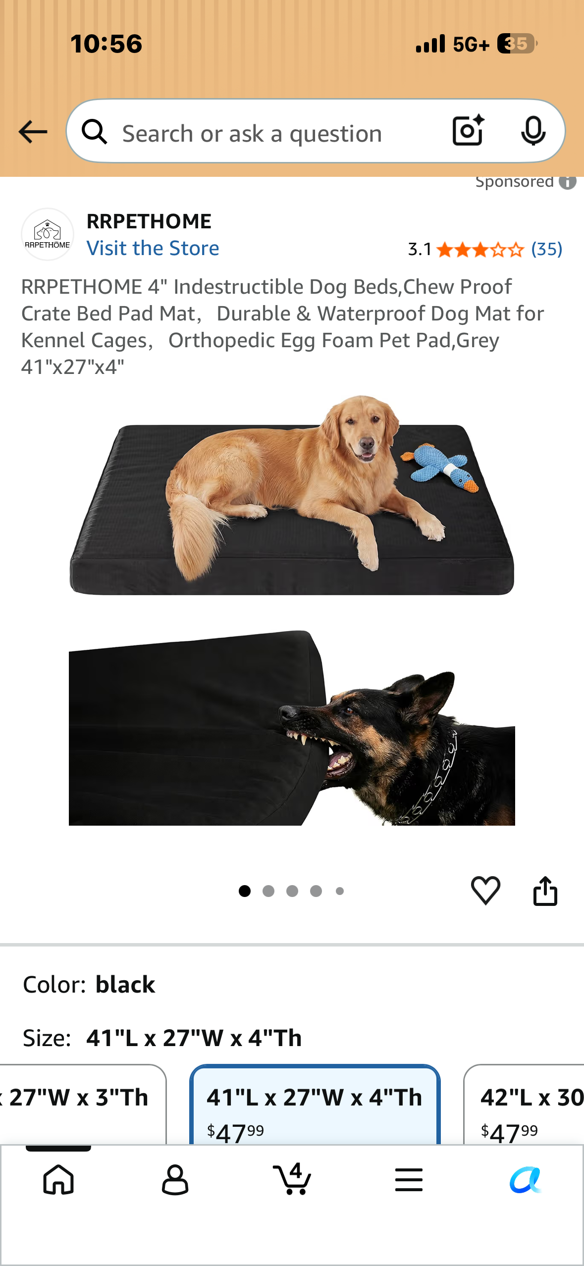 4" Indestructible Dog Bed, Chew Proof, Crate Bed Pad Mat, Durable & Waterproof Dog Mat, Orthopedic Egg Foam Pet Pad, Grey 41"x27"x4"