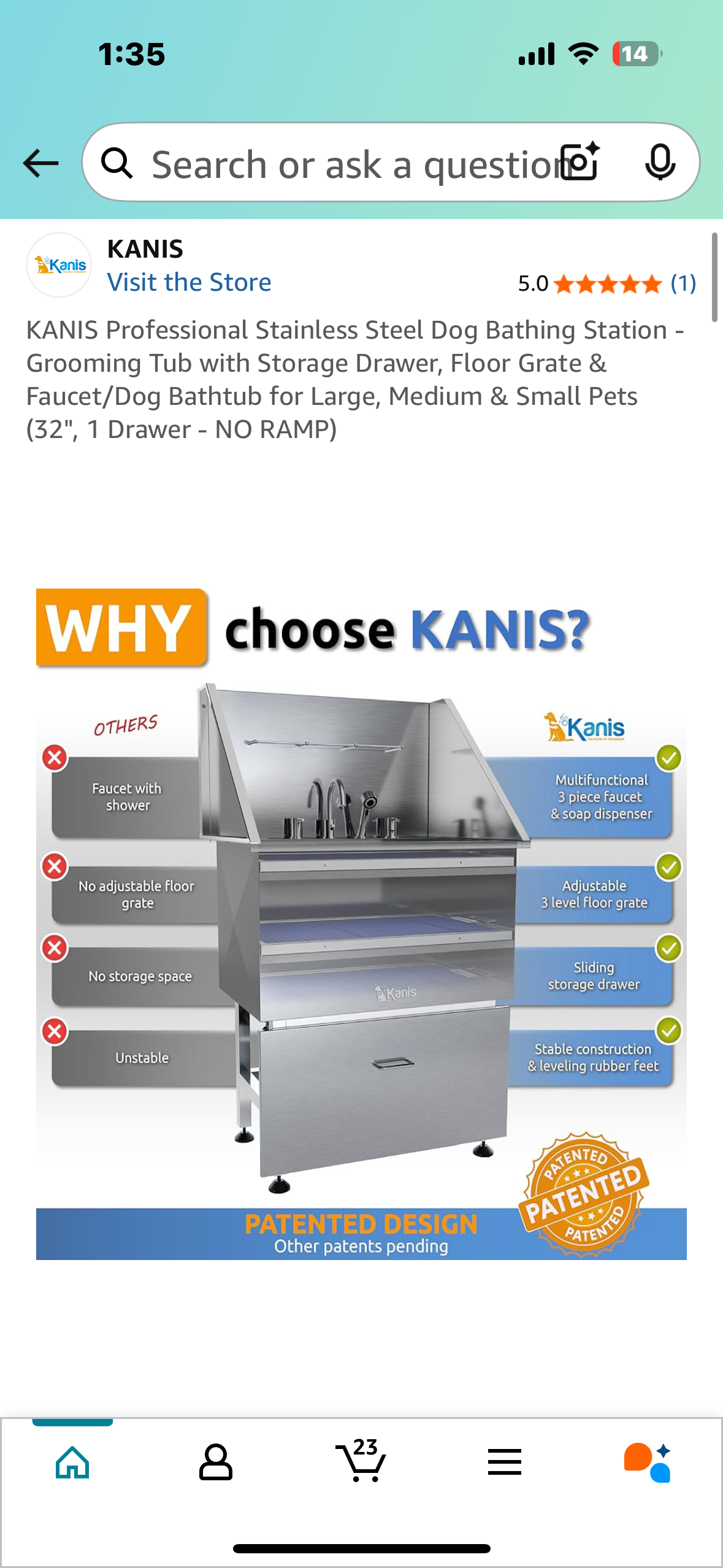 KANIS Professional Stainless Steel Dog Bathing Station - Grooming Tub with Storage Drawer, Floor Grate & Faucet/Dog Bathtub for Large, Medium & Small Pets (32", 1 Drawer - NO RAMP) (R644)