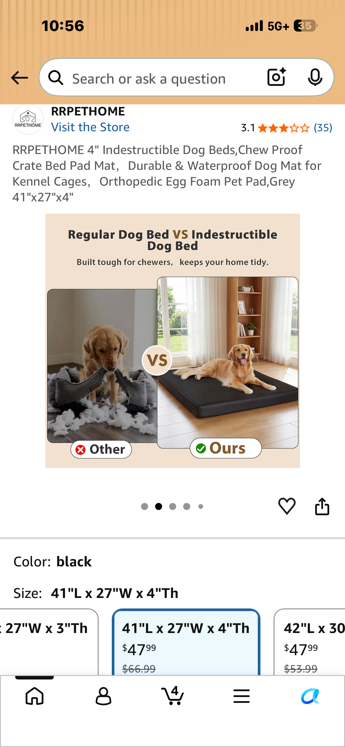 4" Indestructible Dog Bed, Chew Proof, Crate Bed Pad Mat, Durable & Waterproof Dog Mat, Orthopedic Egg Foam Pet Pad, Grey 41"x27"x4"