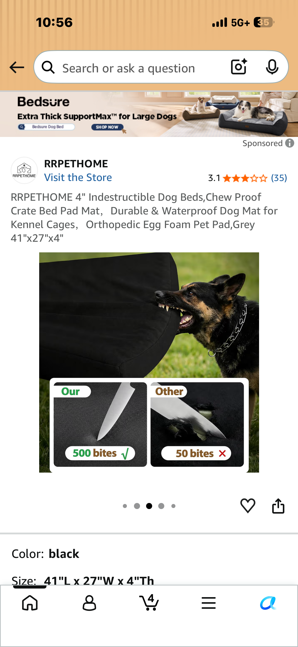 4" Indestructible Dog Bed, Chew Proof, Crate Bed Pad Mat, Durable & Waterproof Dog Mat, Orthopedic Egg Foam Pet Pad, Grey 41"x27"x4"
