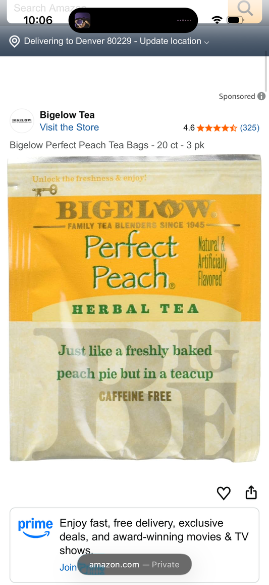 Bigelow Perfect Peach Tea Bags - 20 ct - 3 Pack
