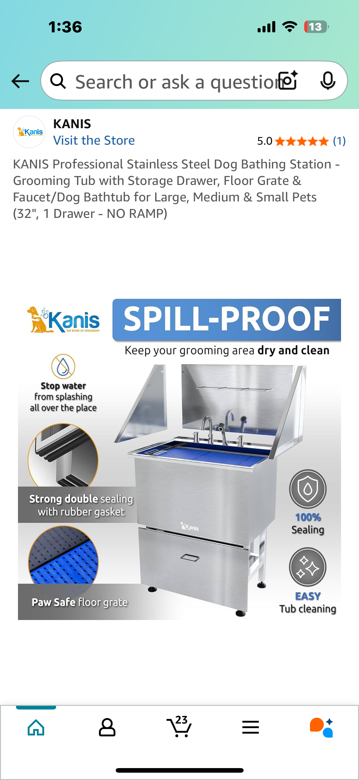 KANIS Professional Stainless Steel Dog Bathing Station - Grooming Tub with Storage Drawer, Floor Grate & Faucet/Dog Bathtub for Large, Medium & Small Pets (32", 1 Drawer - NO RAMP) (R644)