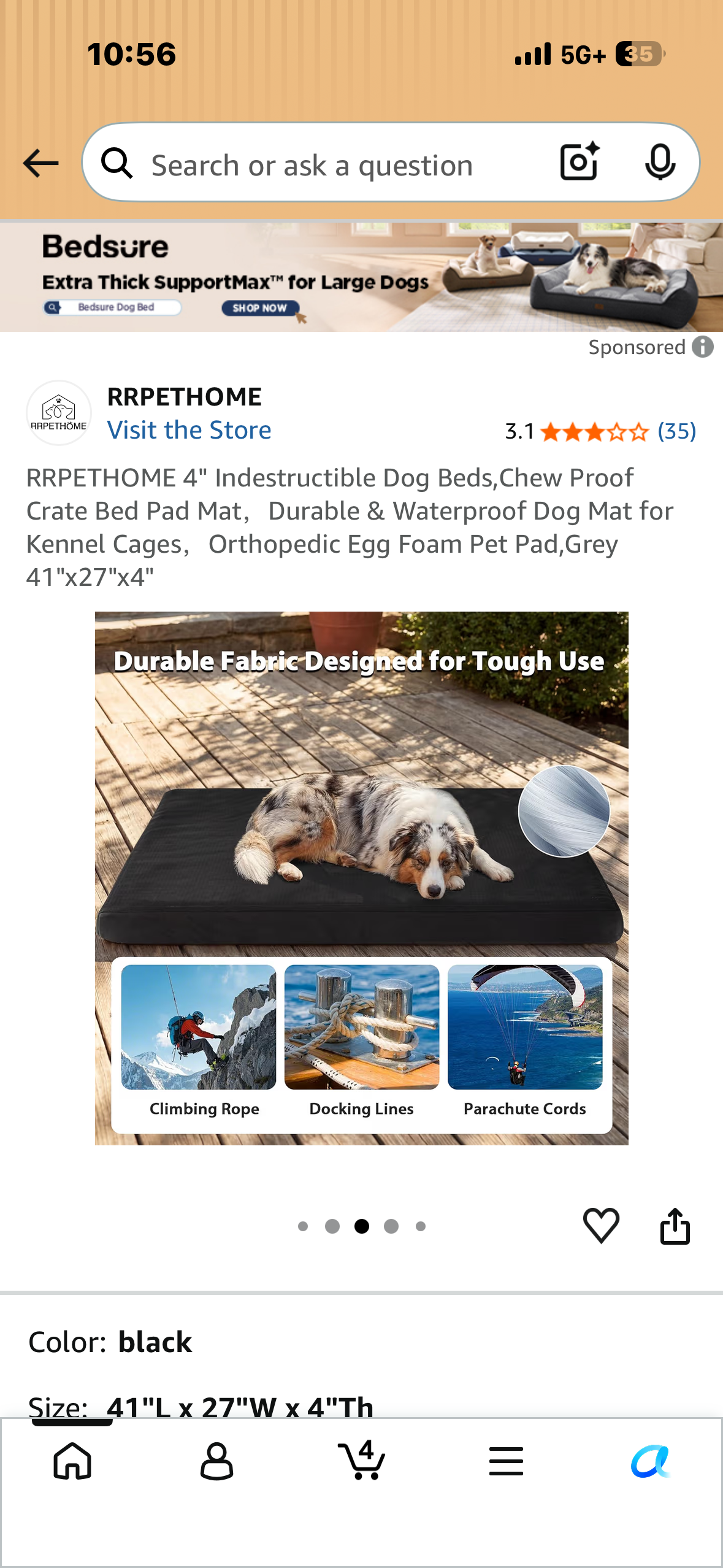 4" Indestructible Dog Bed, Chew Proof, Crate Bed Pad Mat, Durable & Waterproof Dog Mat, Orthopedic Egg Foam Pet Pad, Grey 41"x27"x4"
