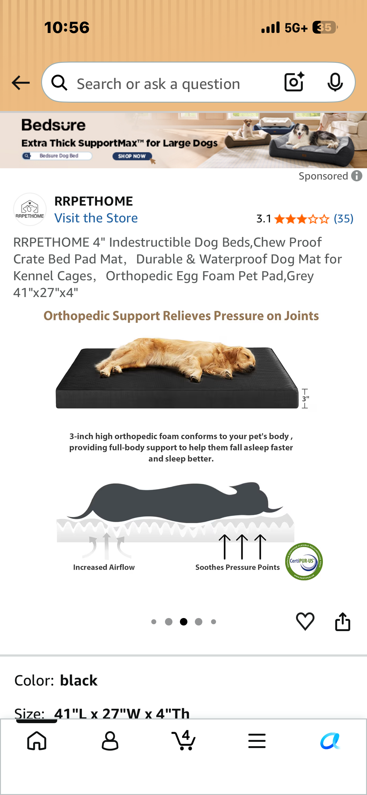 4" Indestructible Dog Bed, Chew Proof, Crate Bed Pad Mat, Durable & Waterproof Dog Mat, Orthopedic Egg Foam Pet Pad, Grey 41"x27"x4"