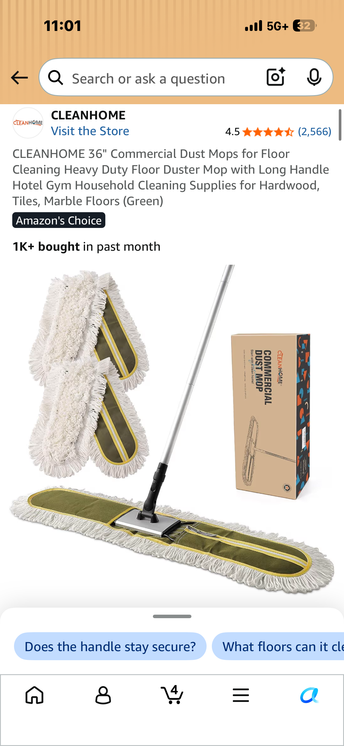 CLEANHOME 36" Commercial Dust Mop for Floor Cleaning, Heavy Duty Floor Duster Mop with Long Handle (Green)