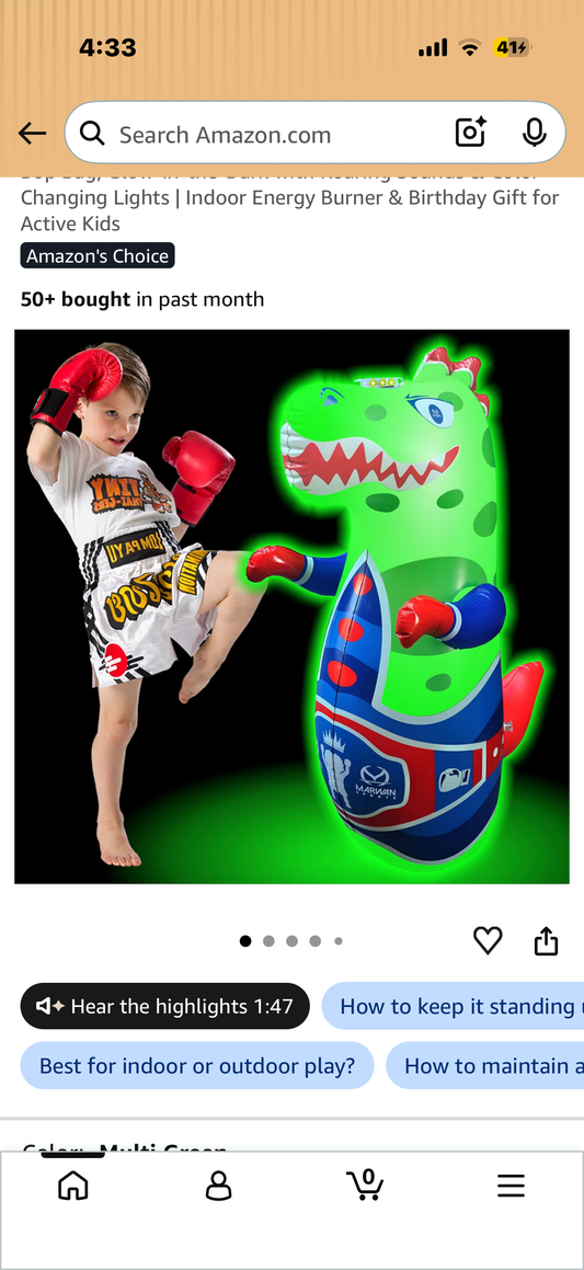 Dinosaur Punching Bag for Kids Ages 3-10 — 47" Sensory Bop Bag, Glow-in-the-Dark with Roaring Sounds & Color Changing Lights | Indoor Energy Burner & Birthday Gift for Active Kids