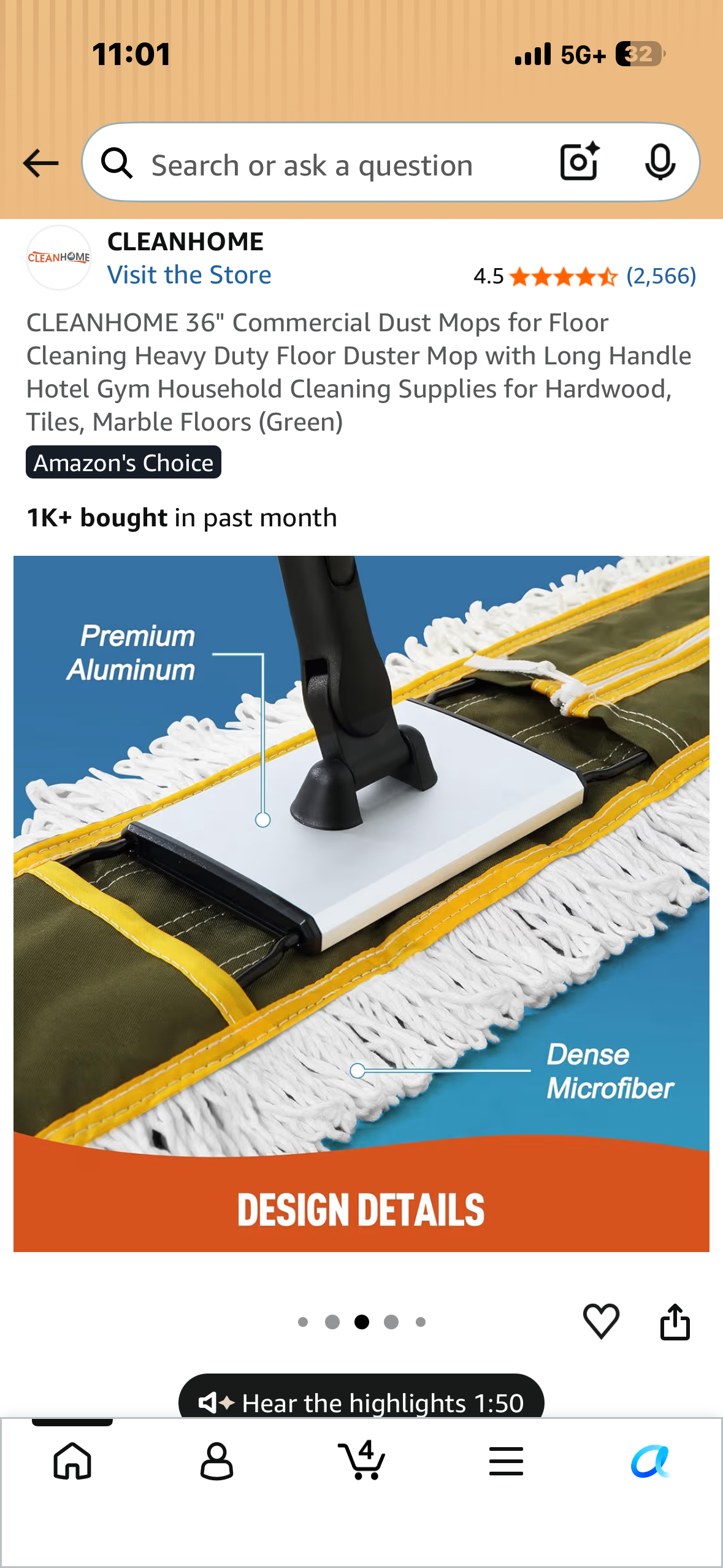 CLEANHOME 36" Commercial Dust Mop for Floor Cleaning, Heavy Duty Floor Duster Mop with Long Handle (Green)