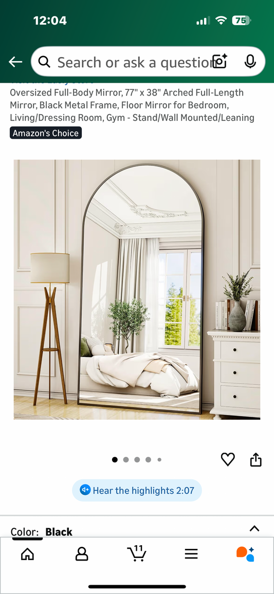 Oversized Full-Body Mirror, 77" x 38" Arched Full-Length Mirror, Black Metal Frame, Floor Mirror for Bedroom, Living/Dressing Room, Gym - Stand/Wall Mounted/Leaning M446)