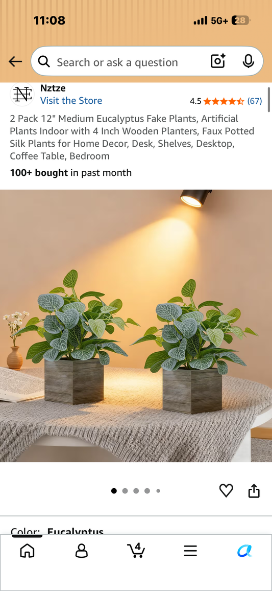 2 Pack, 12" Medium Eucalyptus Artificial Plants with 4 Inch Wooden Planters, Faux Potted Silk Plants for Home Decor, Desk, Shelves, Desktop, Coffee Table, Bedroom