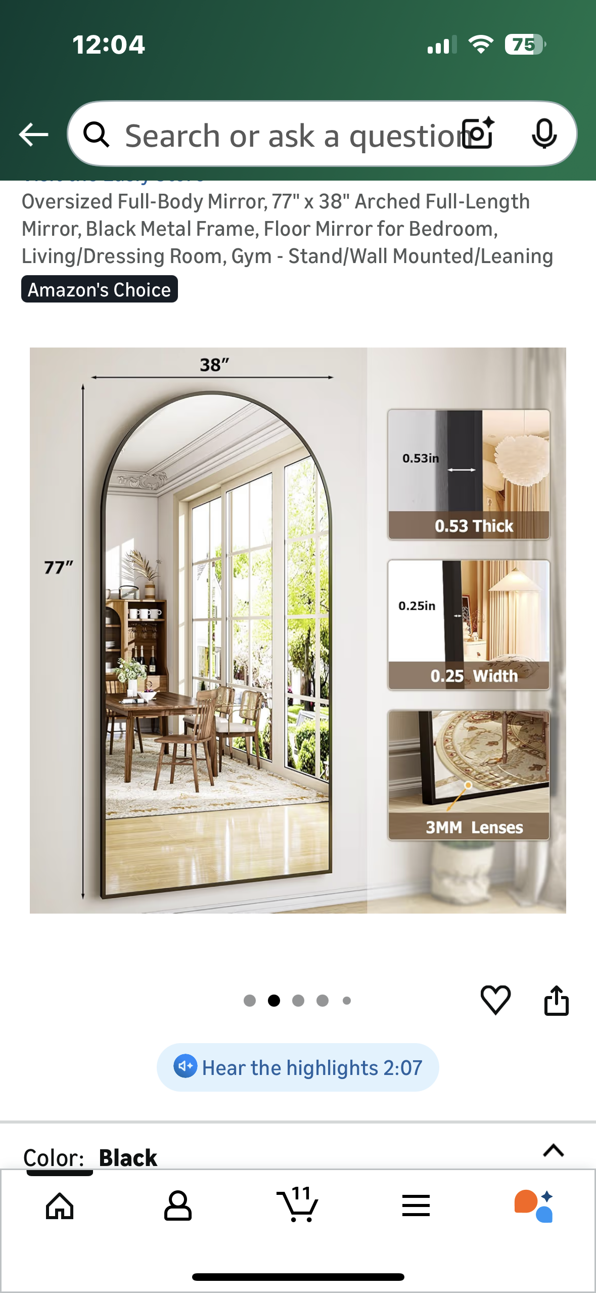 Oversized Full-Body Mirror, 77" x 38" Arched Full-Length Mirror, Black Metal Frame, Floor Mirror for Bedroom, Living/Dressing Room, Gym - Stand/Wall Mounted/Leaning M446)