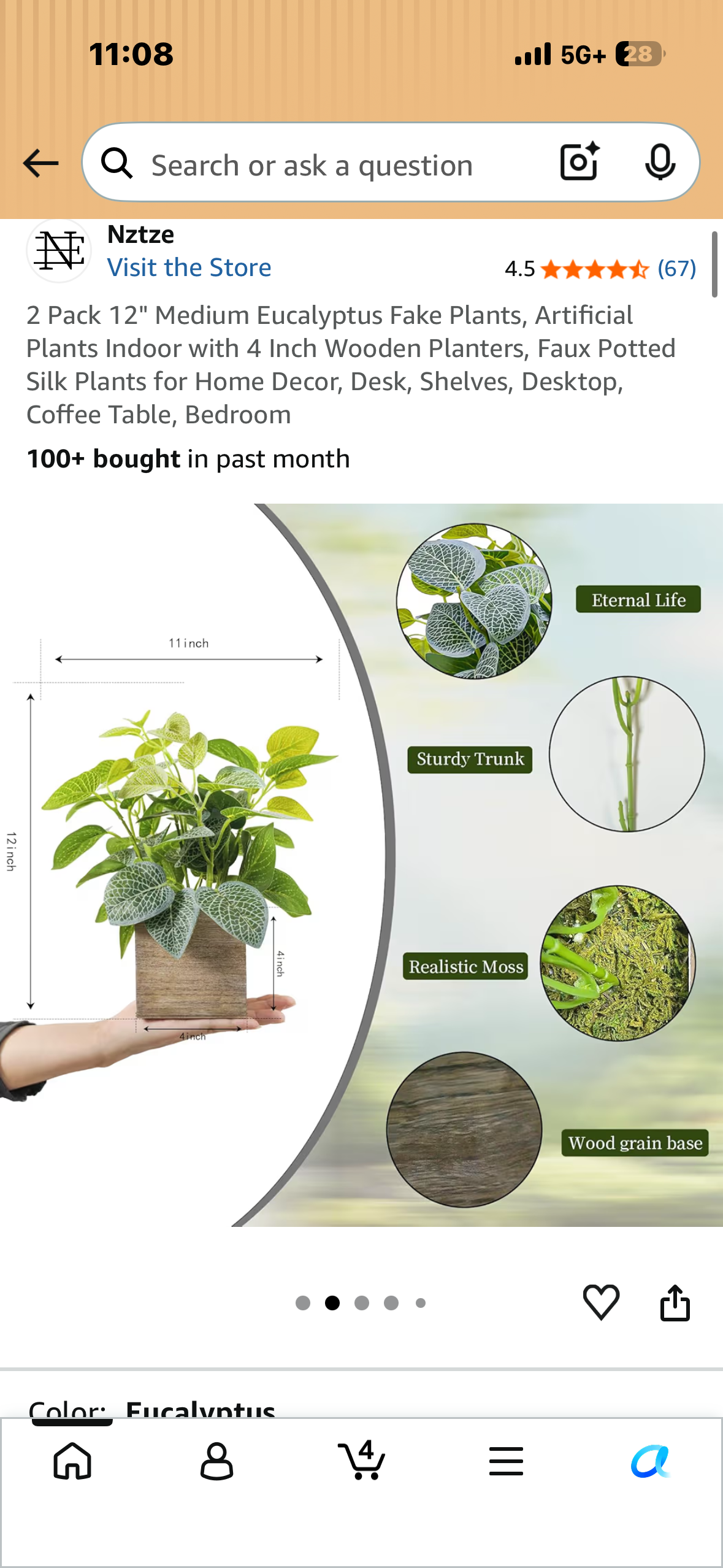 2 Pack, 12" Medium Eucalyptus Artificial Plants with 4 Inch Wooden Planters, Faux Potted Silk Plants for Home Decor, Desk, Shelves, Desktop, Coffee Table, Bedroom