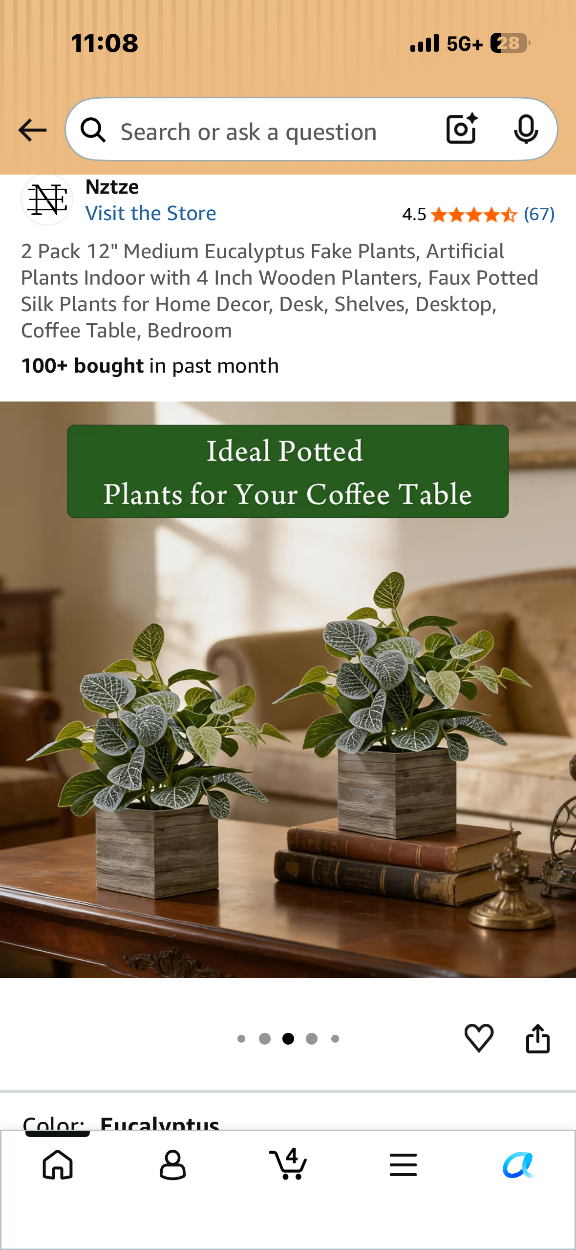 2 Pack, 12" Medium Eucalyptus Artificial Plants with 4 Inch Wooden Planters, Faux Potted Silk Plants for Home Decor, Desk, Shelves, Desktop, Coffee Table, Bedroom