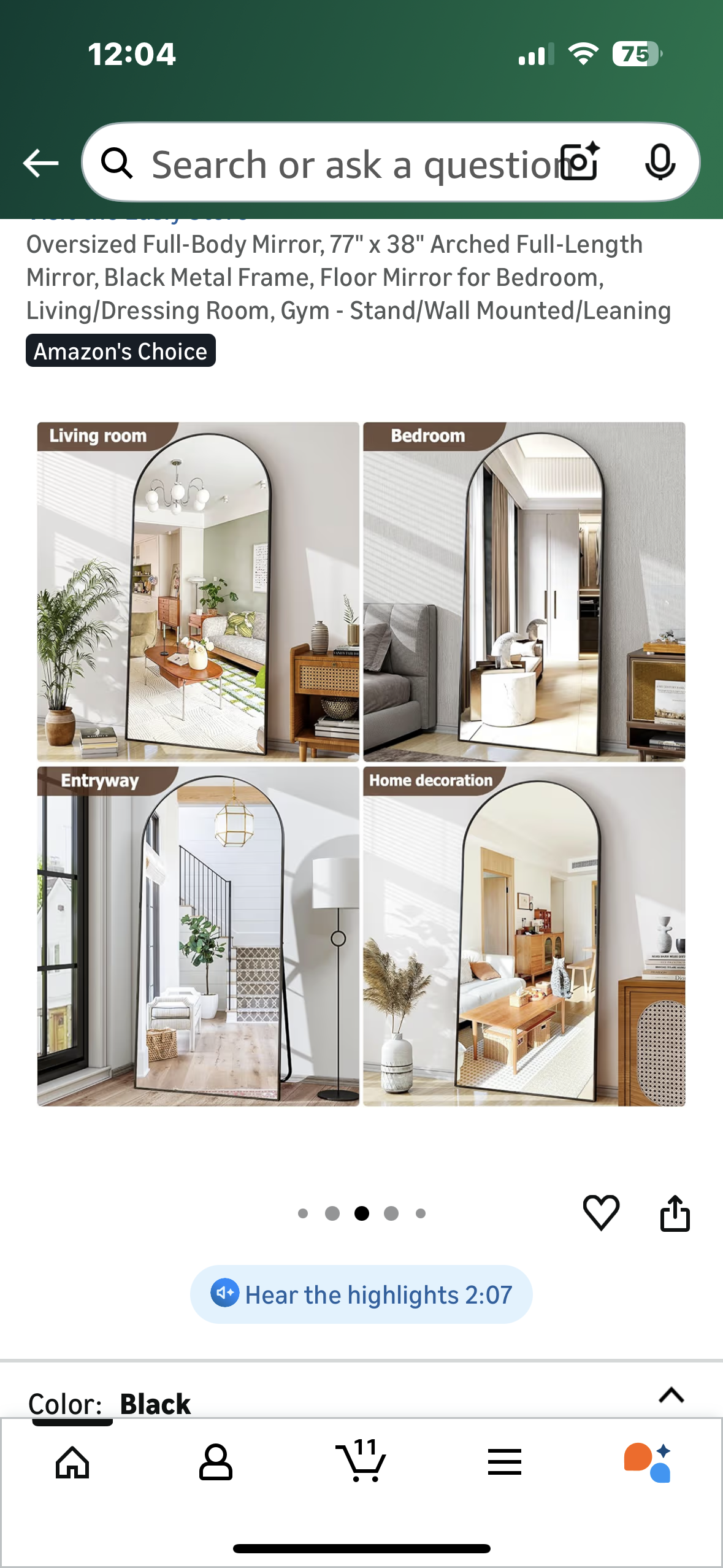 Oversized Full-Body Mirror, 77" x 38" Arched Full-Length Mirror, Black Metal Frame, Floor Mirror for Bedroom, Living/Dressing Room, Gym - Stand/Wall Mounted/Leaning M446)