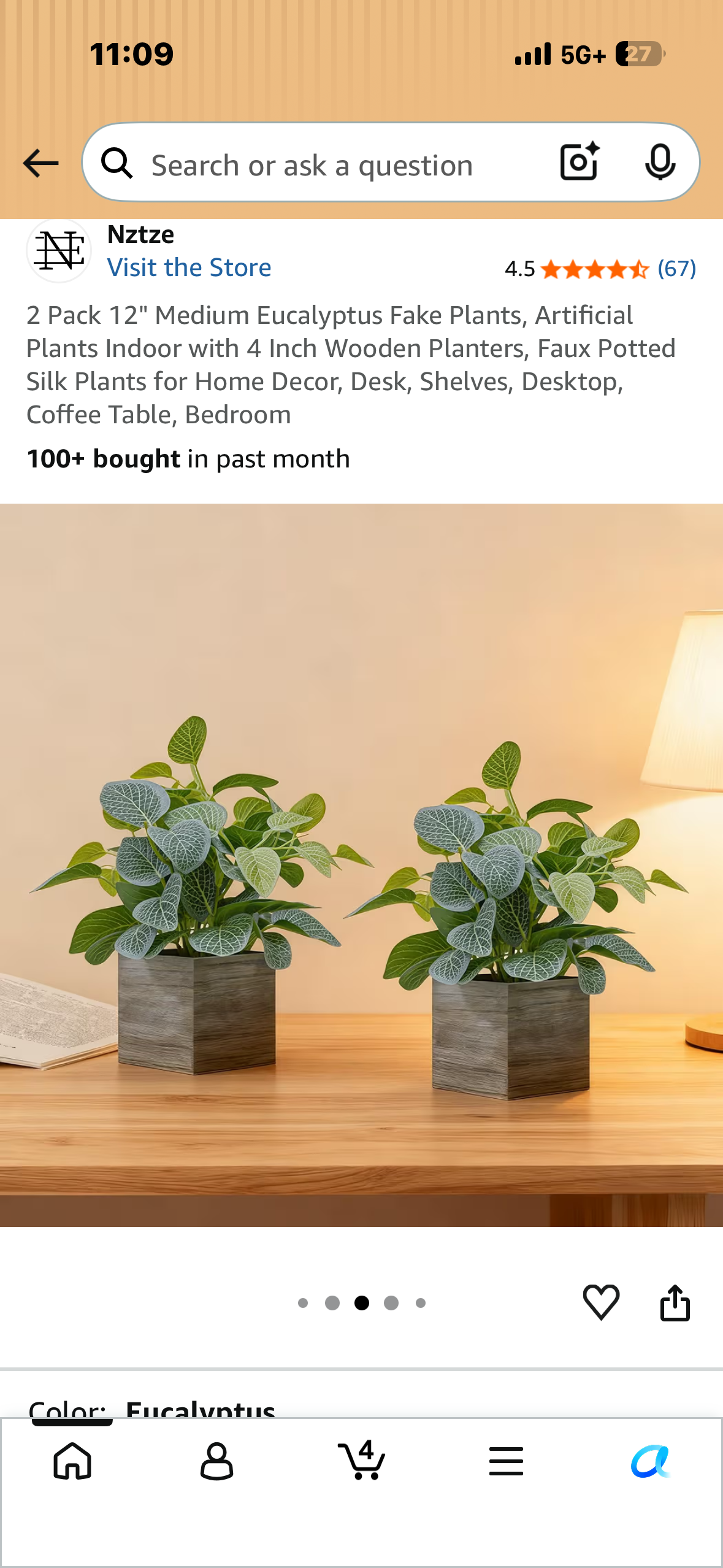 2 Pack, 12" Medium Eucalyptus Artificial Plants with 4 Inch Wooden Planters, Faux Potted Silk Plants for Home Decor, Desk, Shelves, Desktop, Coffee Table, Bedroom