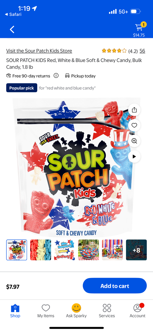 SOUR PATCH KIDS Red, White & Blue Soft & Chewy Candy, Bulk Candy, 1 lb
