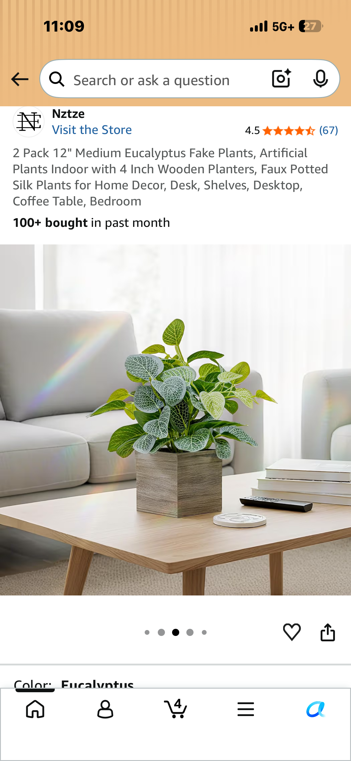 2 Pack, 12" Medium Eucalyptus Artificial Plants with 4 Inch Wooden Planters, Faux Potted Silk Plants for Home Decor, Desk, Shelves, Desktop, Coffee Table, Bedroom