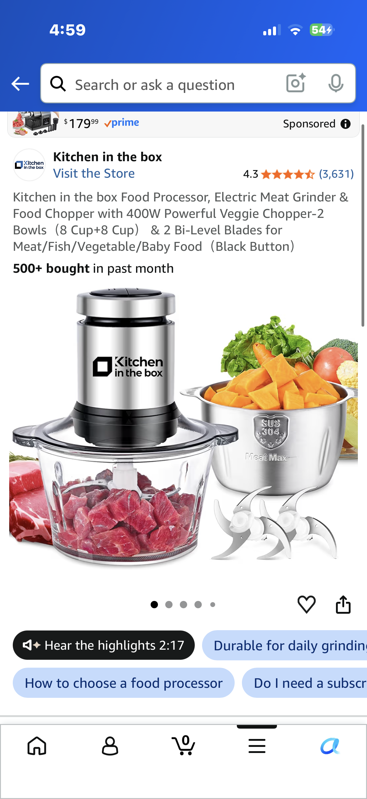 Kitchen in the box Food Processor, Electric Meat Grinder & Food Chopper with 400W Powerful Veggie Chopper-2 Bowls（8 Cup+8 Cup） & 2 Bi-Level Blades for Meat/Fish/Vegetable/Baby Food（Black Button